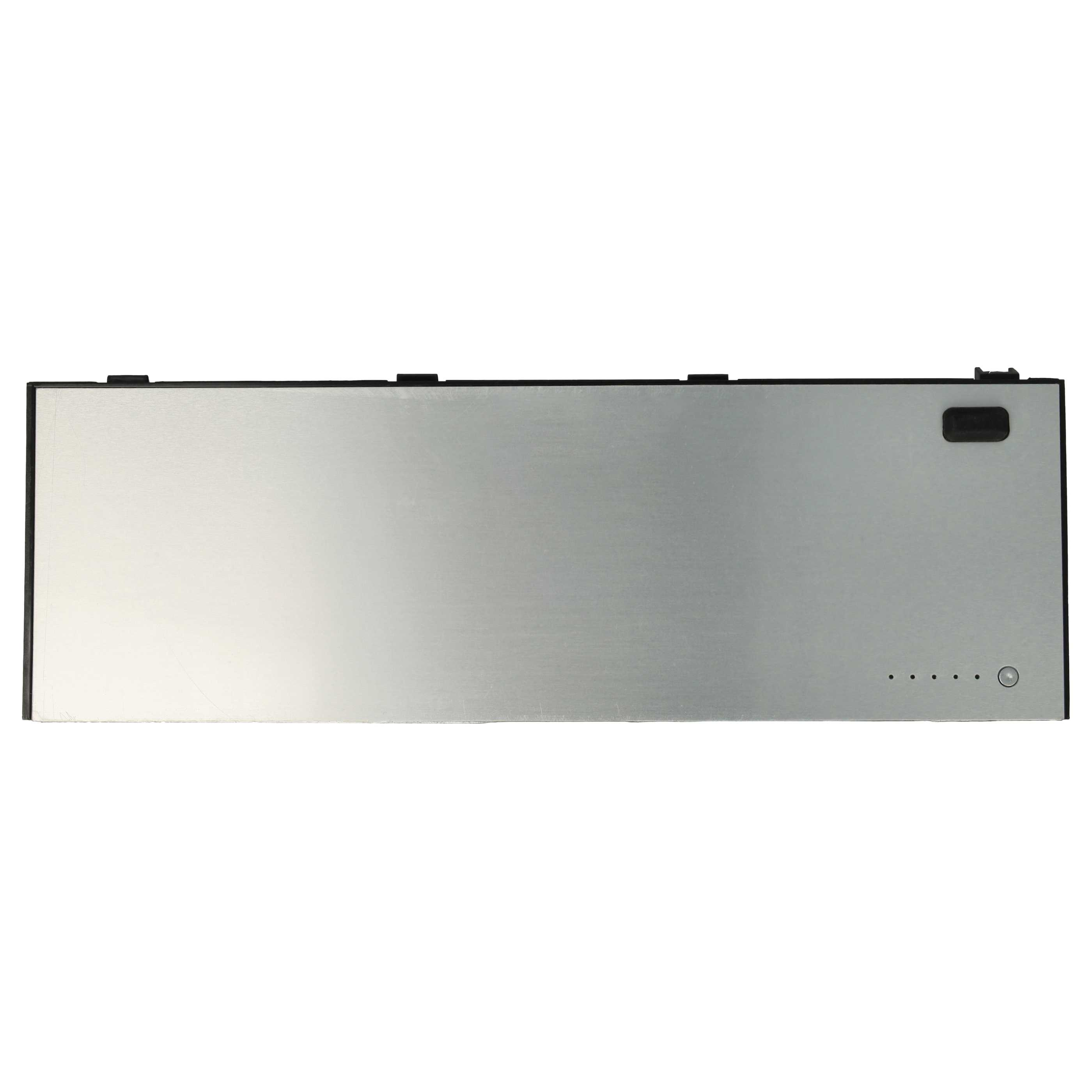 Eine rechteckige silberne Laptop-Batterie mit LEDs und einem kleinen Knopf in der oberen rechten Ecke auf weißem Grund.