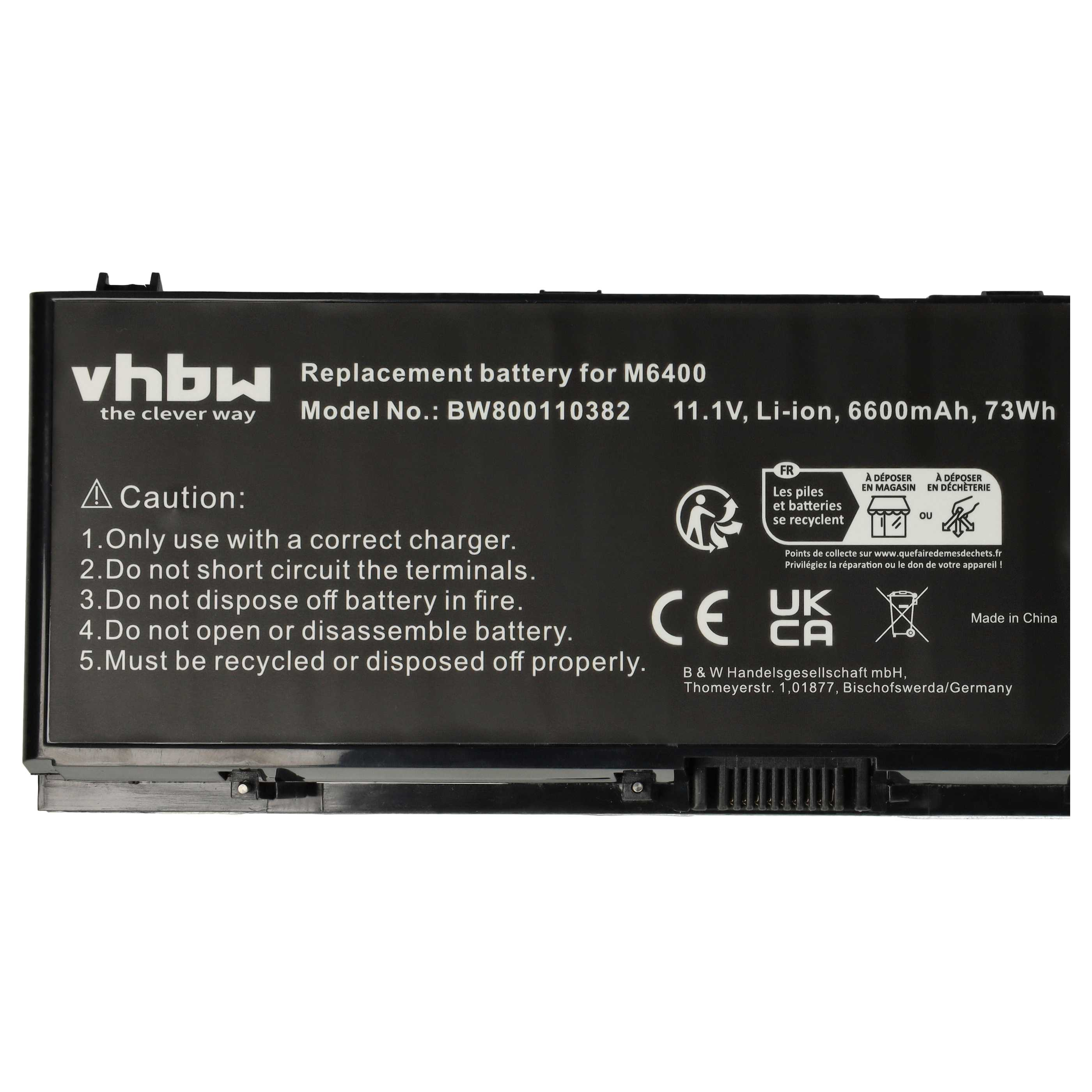 Schwarzer vhbw Laptop-Akku mit technischen Daten und Sicherheitshinweisen.
