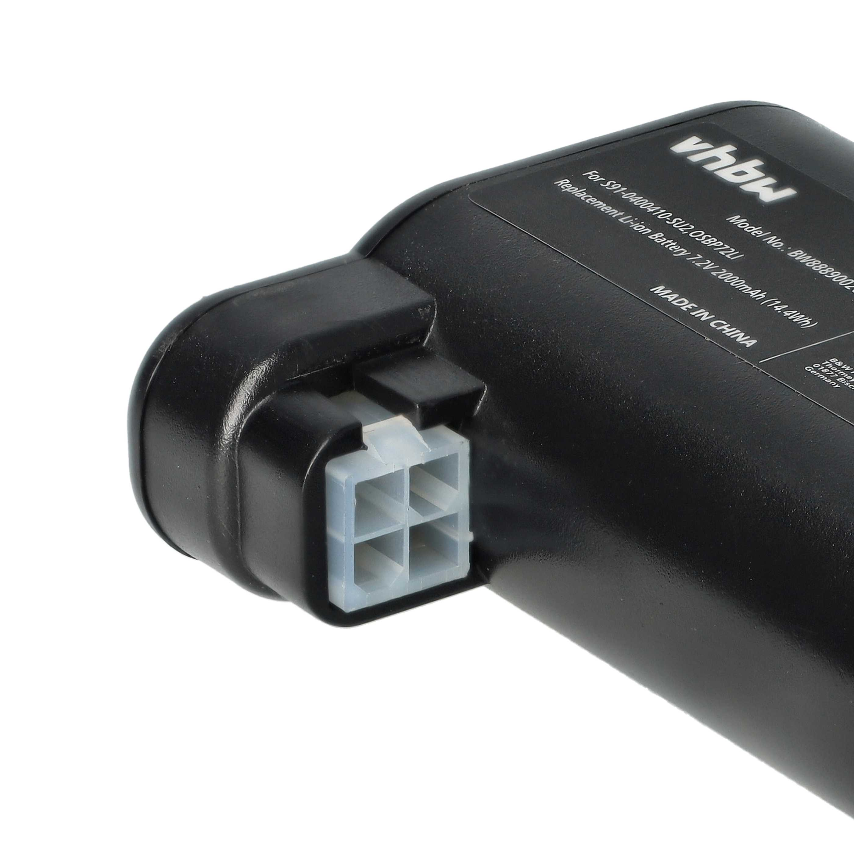 Nahaufnahme einer schwarzen vhbw Batterie mit einem weißen viereckigen Steckverbinder und gedruckten Angaben.