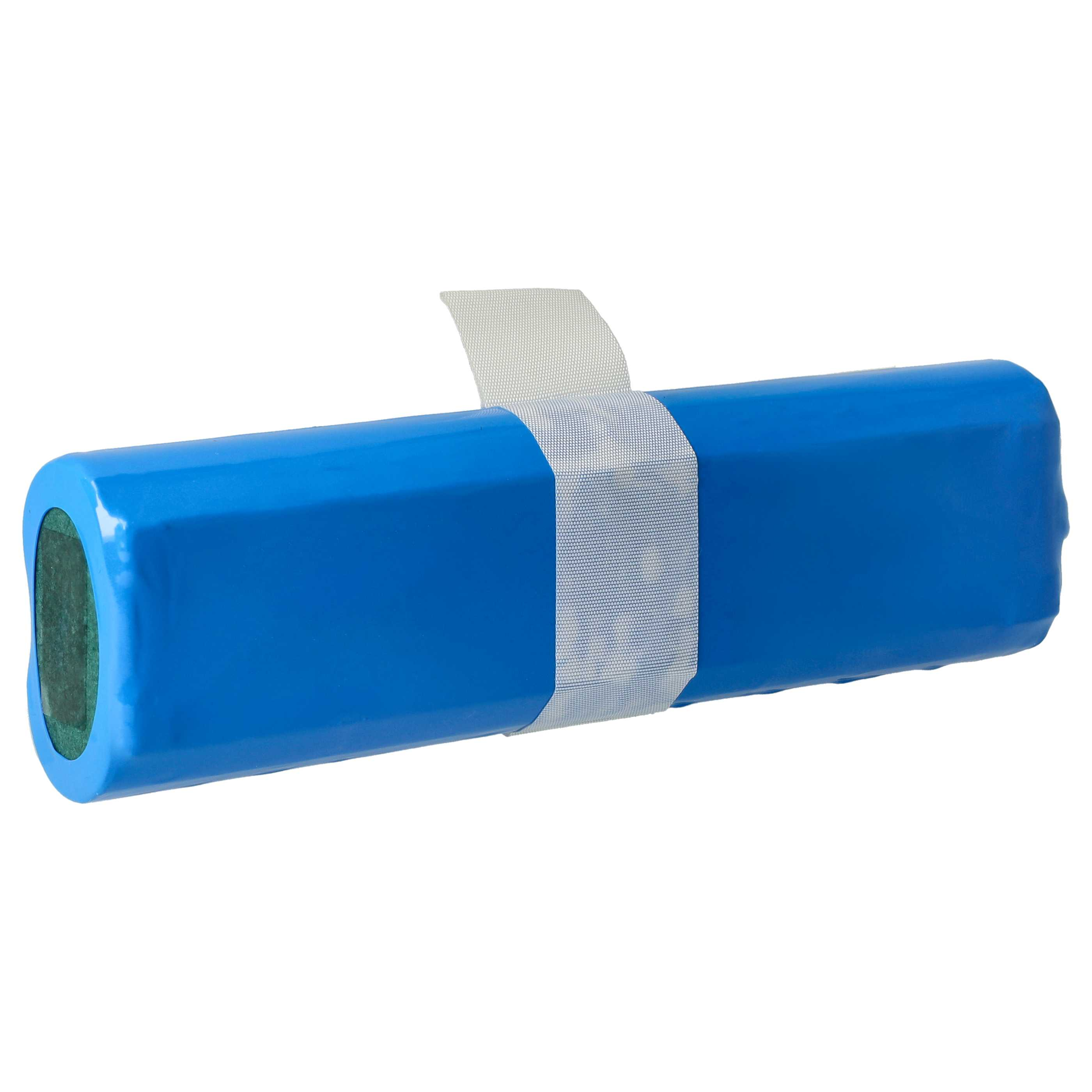 Ein blauer zylindrischer Akku, in der Mitte mit einem weißen Klebeband umwickelt, vor weißem Hintergrund.