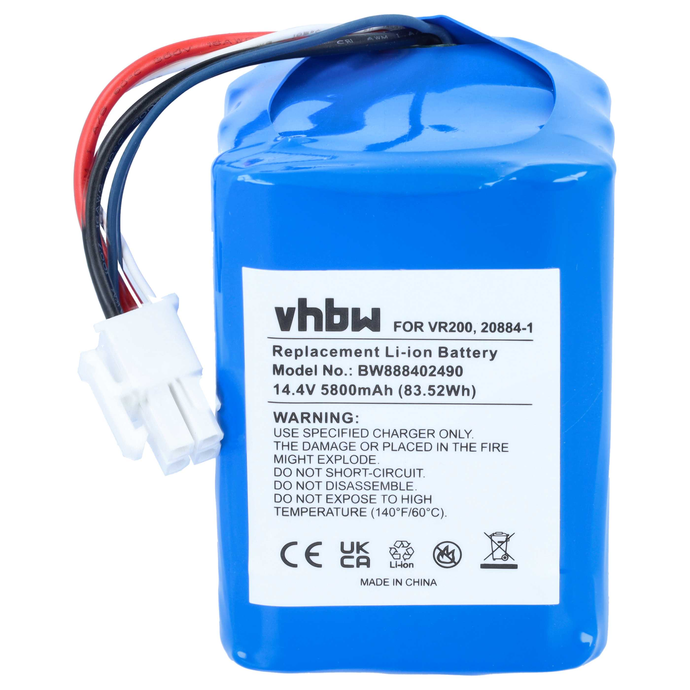 Blaue vhbw Li-Ion Ersatzbatterie mit Warnhinweisen und angeschlossenen roten, schwarzen und weißen Kabeln.