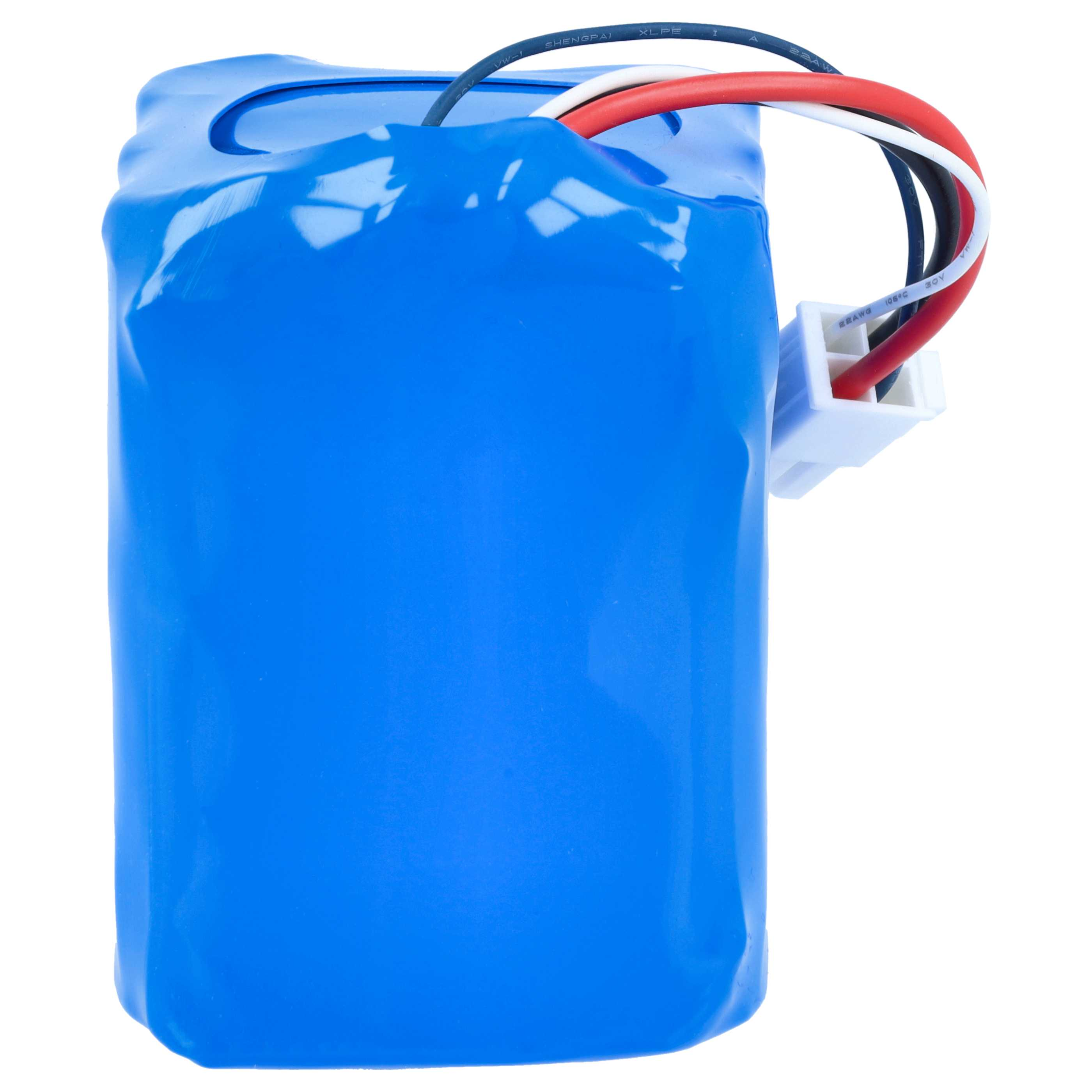 Ein rechteckiger, blauer Lithium-Ionen-Akku mit roten, schwarzen und weißen Kabeln, die in einem weißen Stecker enden.