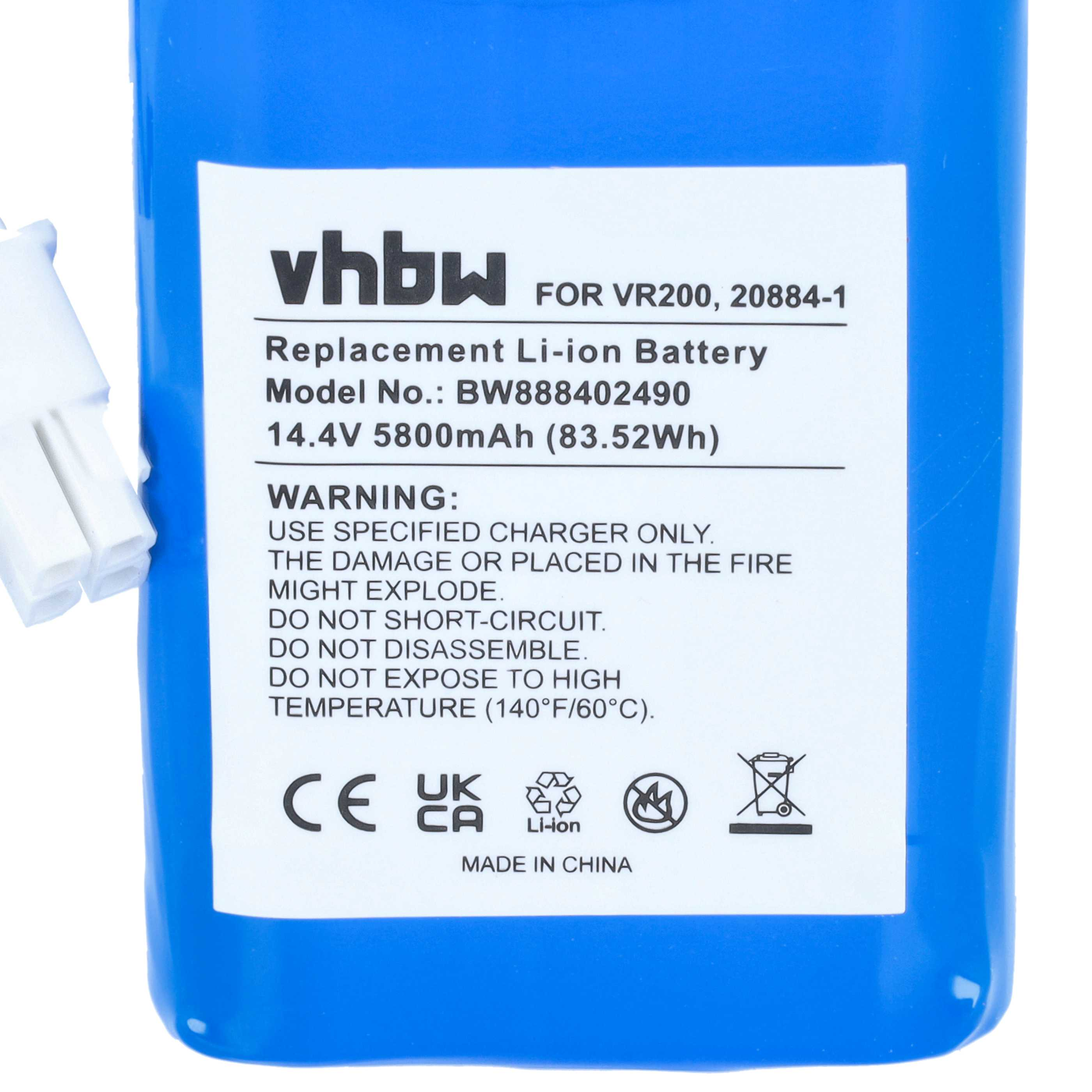 Blaue vhbw Li-Ionen-Ersatzbatterie mit weißem Etikett mit technischen Daten, Warnungen und CE-Kennzeichnung.
