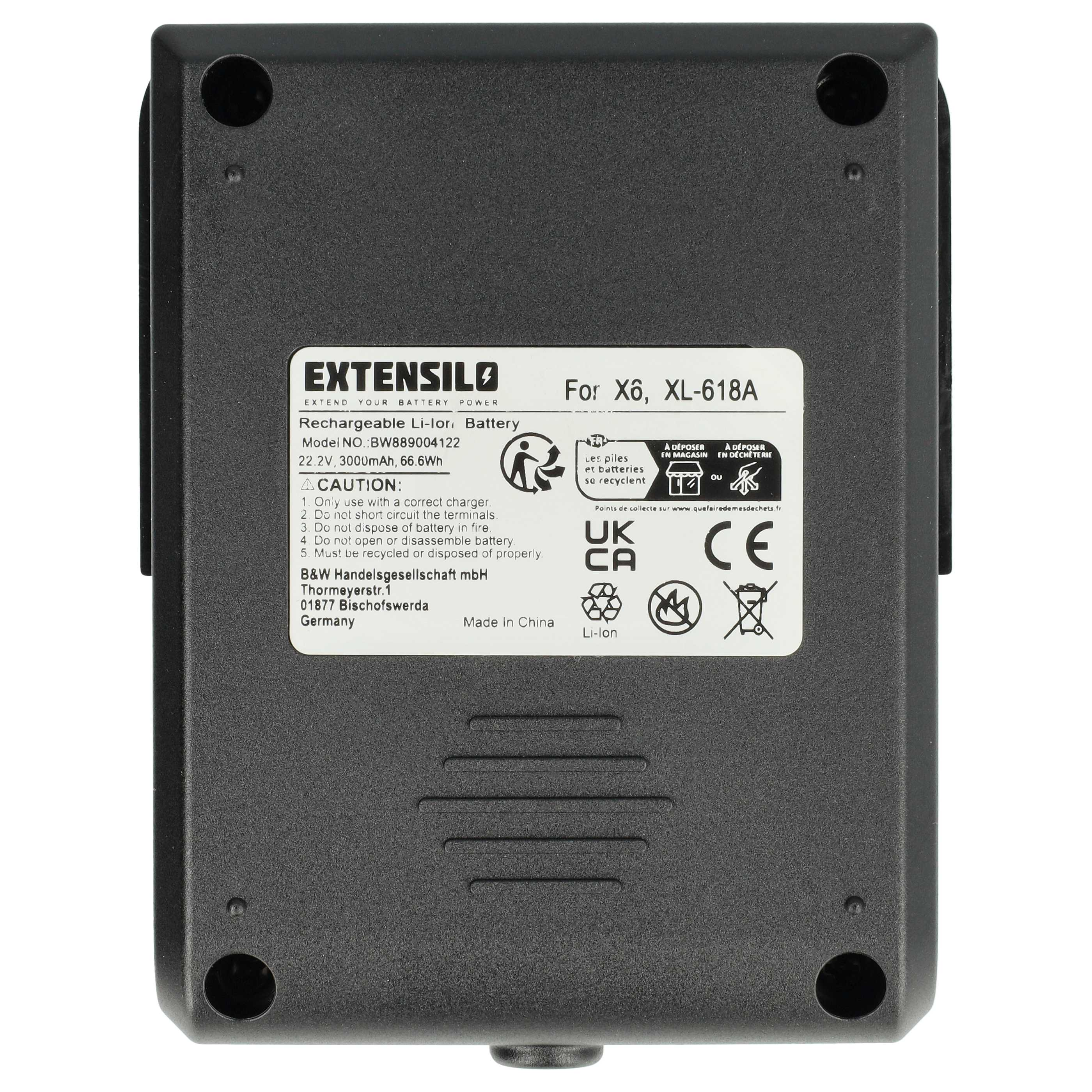 Schwarzes Akkupack mit einem Produktaufkleber in der Mitte, der technische Daten und Warnhinweise zeigt.