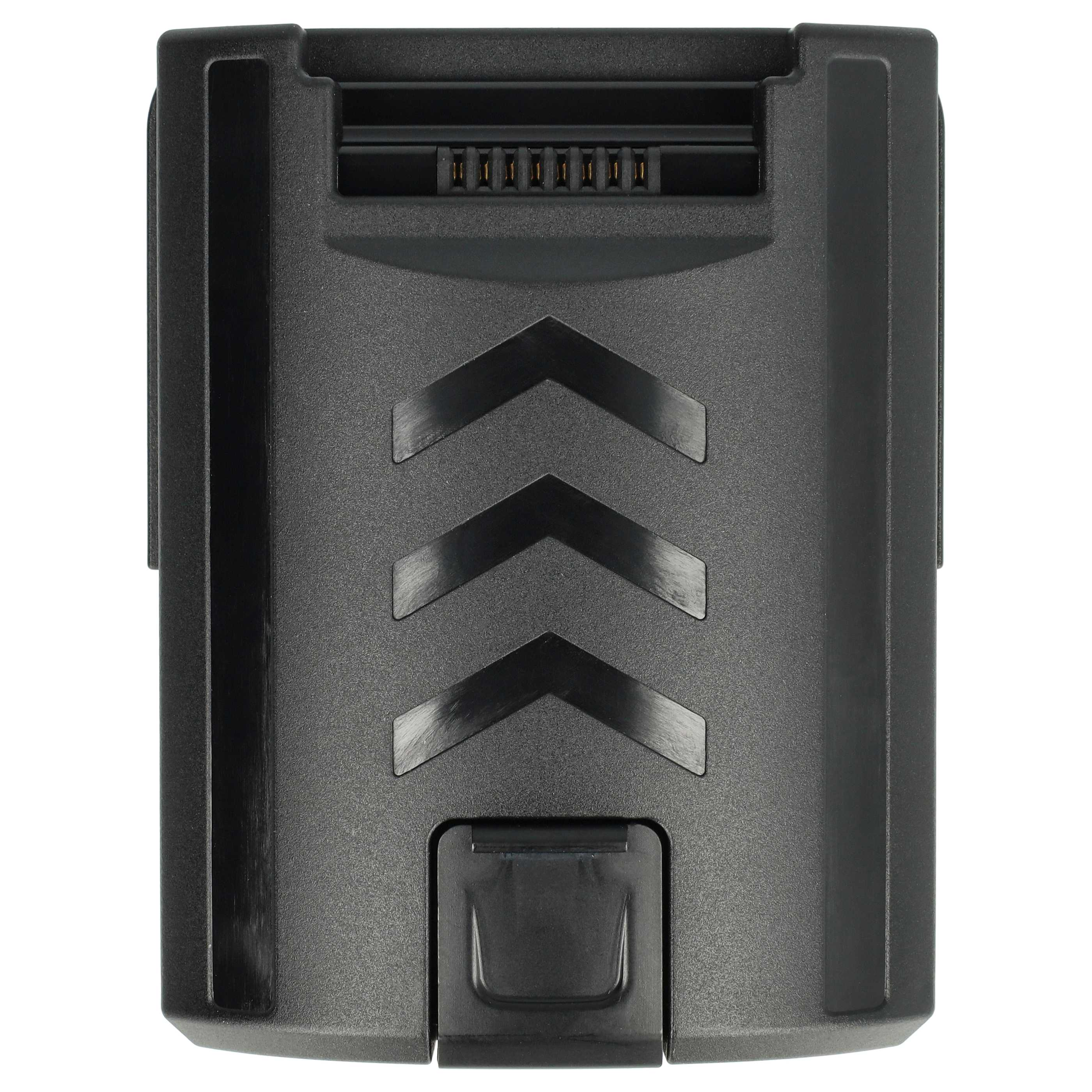 Schwarze Kunststoff-Batteriehalterung mit Pfeilmotive und Kontaktpins.