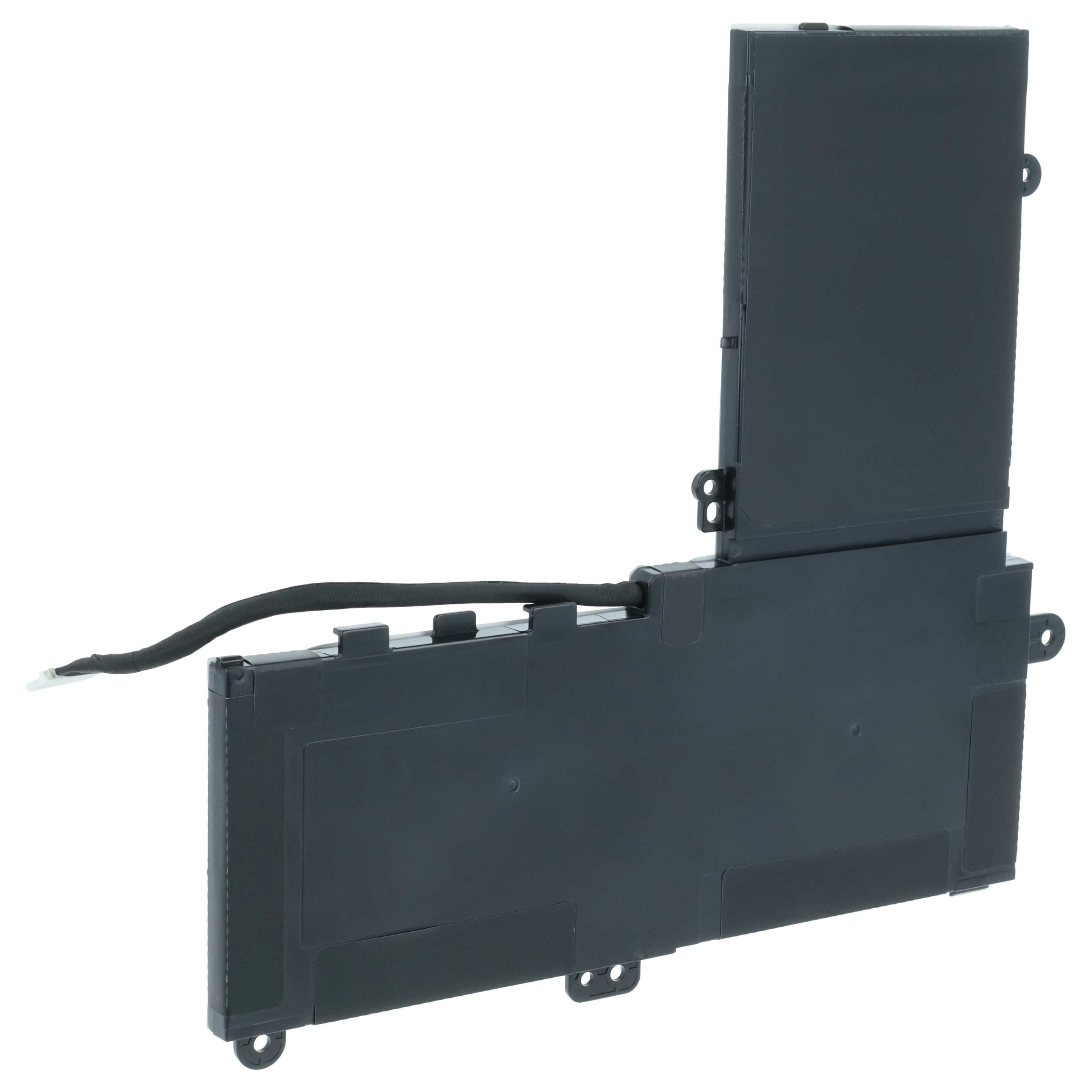 Ein schwarzer Laptop-Ersatzakku mit zwei verbundenen Zellen und einem Kabel mit weißem Stecker.