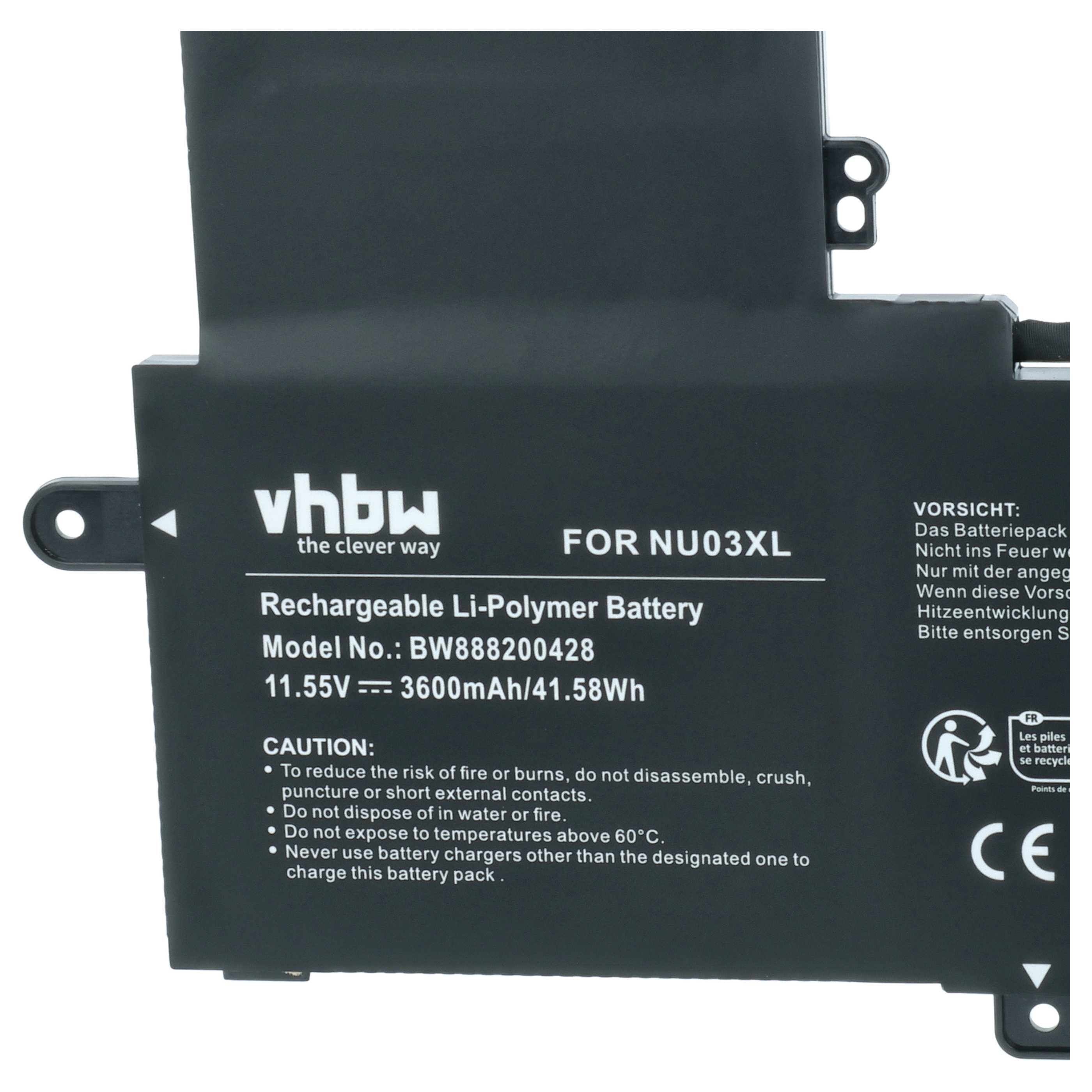 Schwarzer VHBW Li-Polymer-Akku Modell BW888200428 mit technischen Daten und Sicherheitshinweisen.