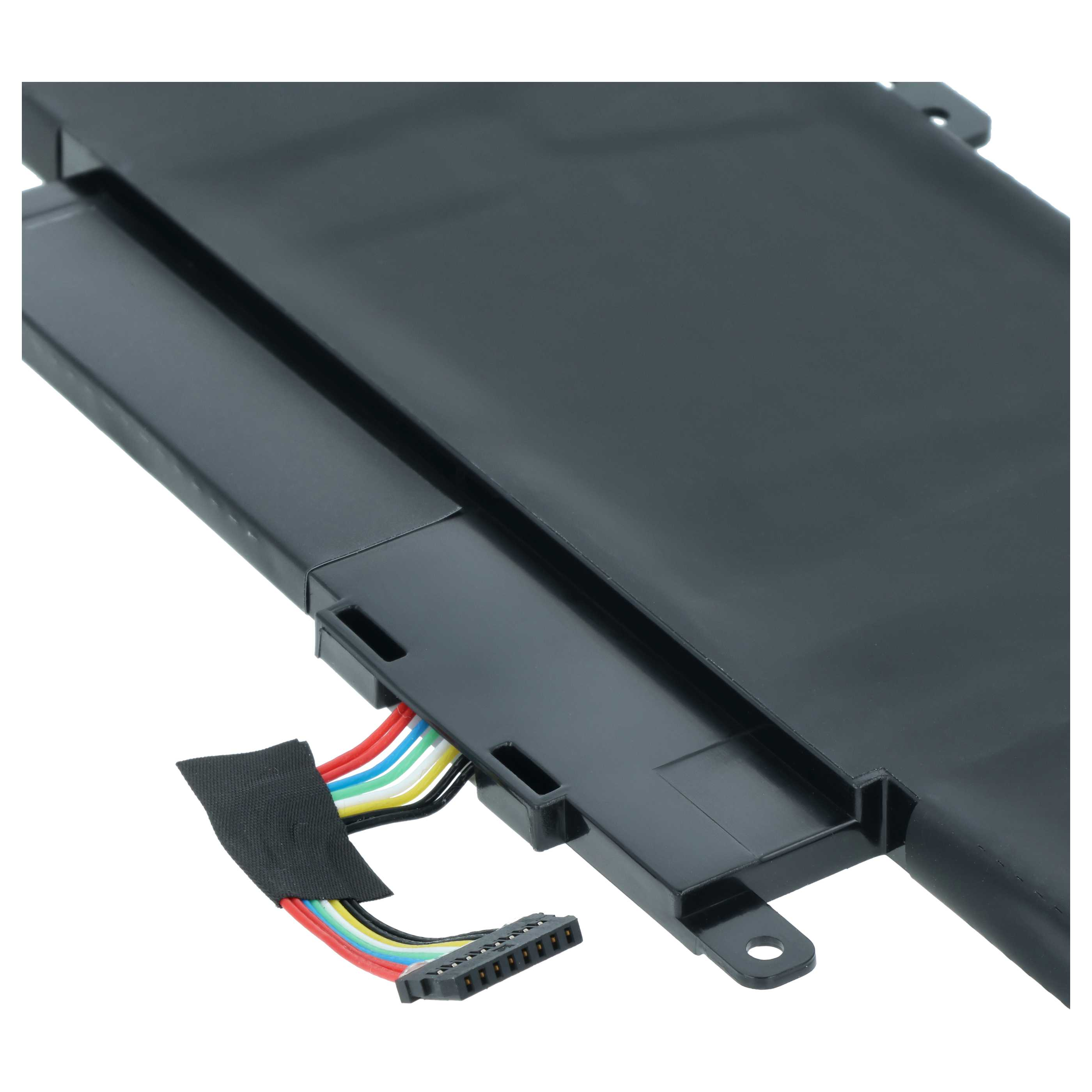 Eine schwarze Laptop-Batterie mit einem bunten Kabelbaum und Steckverbinder gegen einen weißen Hintergrund.