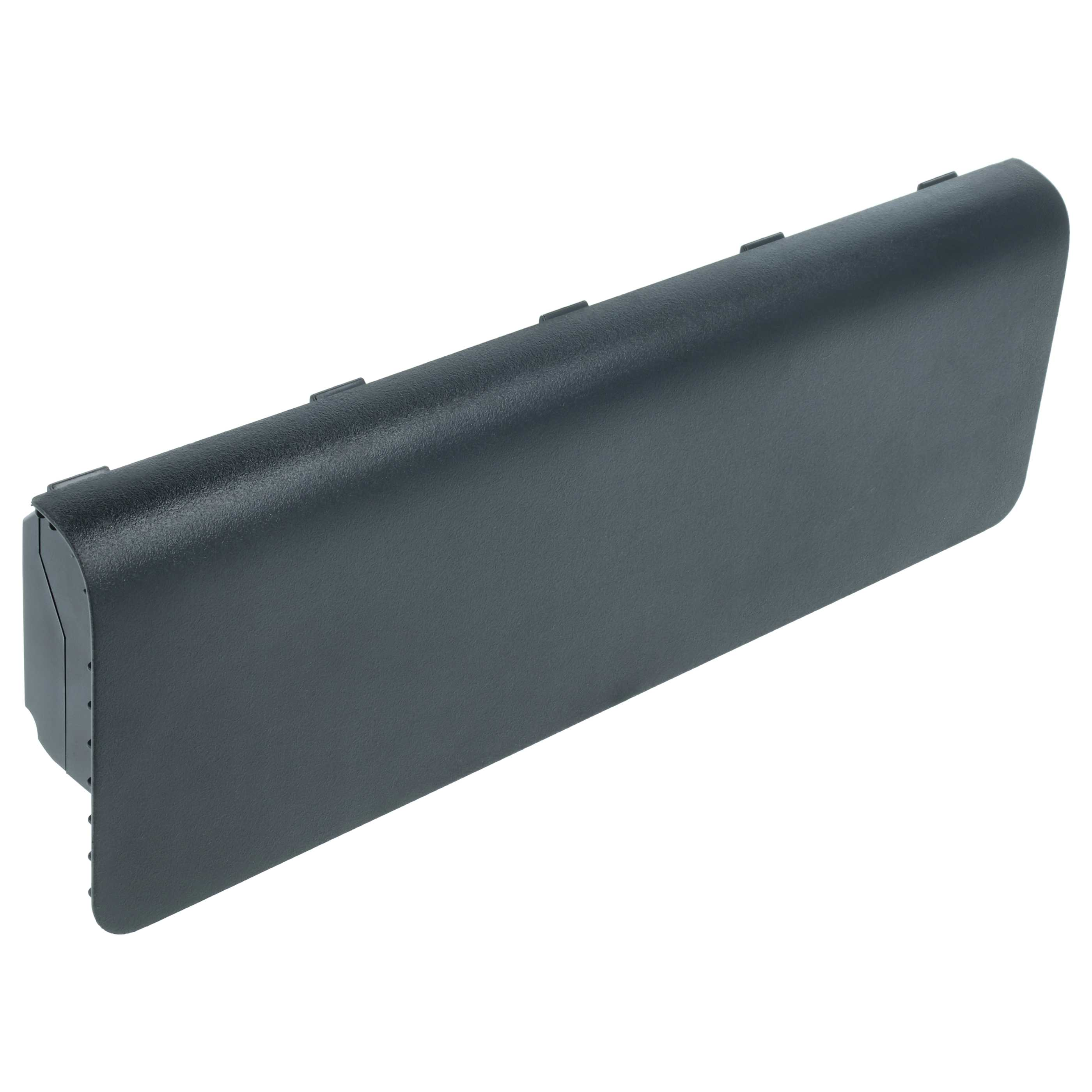 Eine schwarze Laptop-Akku-Einheit mit länglichem Design und abgerundeten Kanten auf weißem Hintergrund.