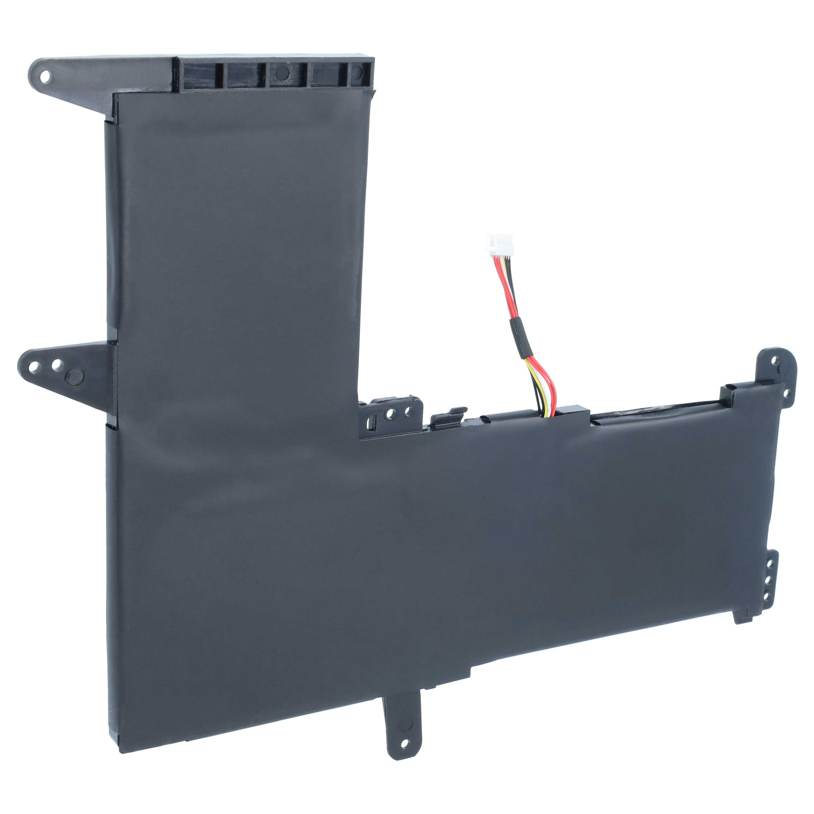 Schwarzer L-förmiger Laptop-Akku mit angeschlossenem Kabel und Stecker.
