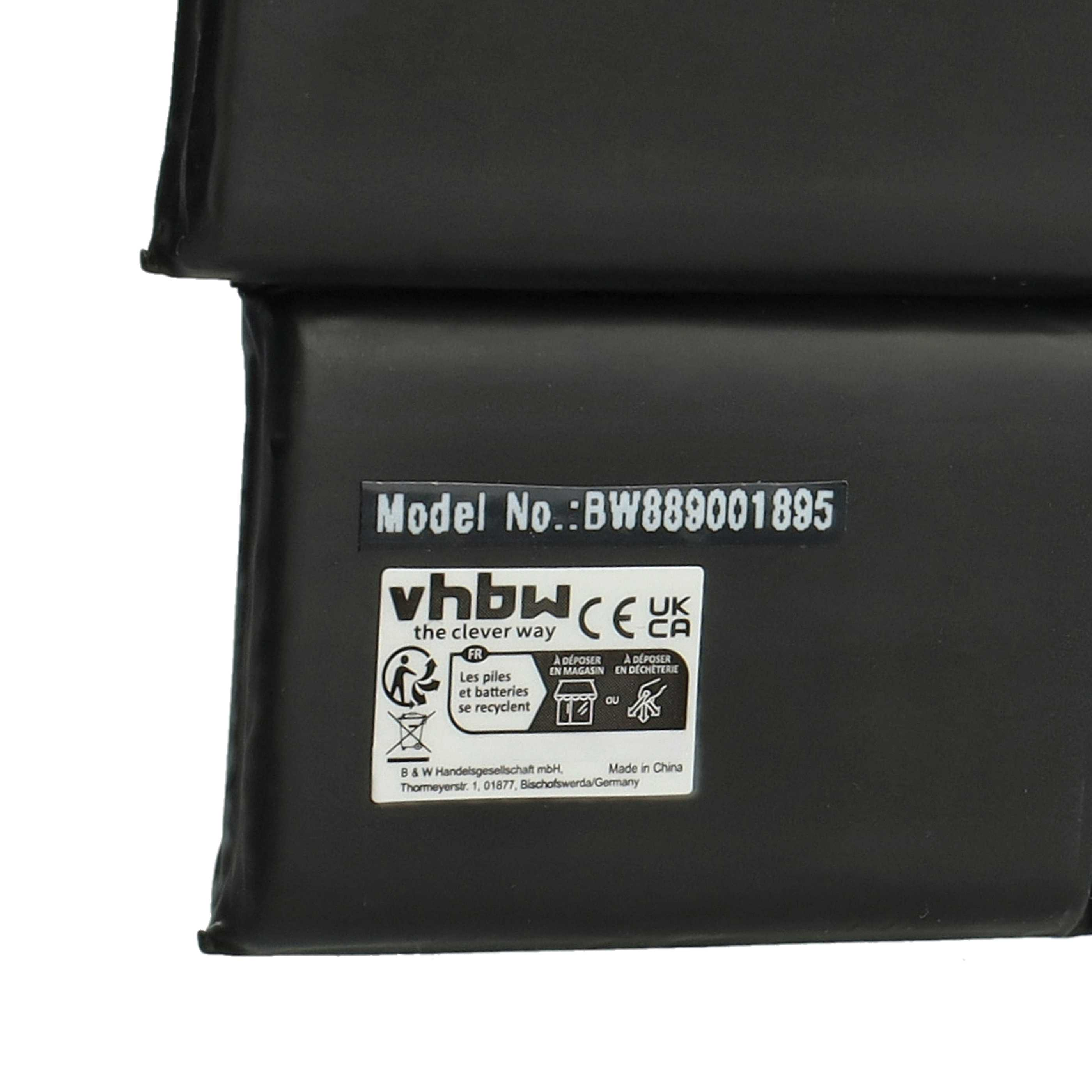 Schwarze Batterie mit Modellnummer BW889001895, vhbw Logo und Zertifizierungssymbolen.