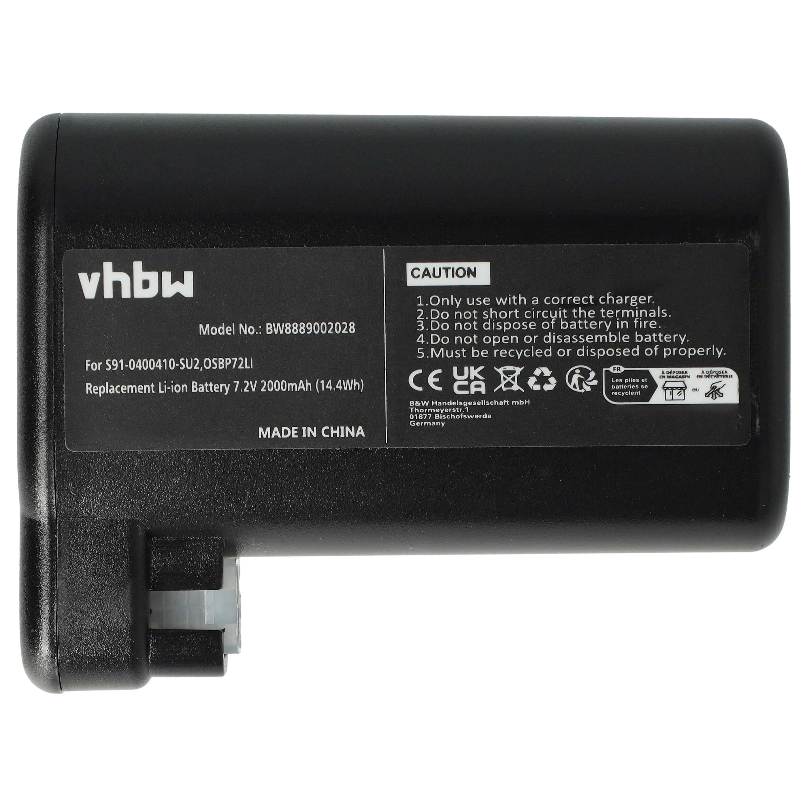 Schwarzer vhbw Ersatz-Li-Ion-Akku mit technischen Daten und Sicherheitshinweisen auf einem Etikett.