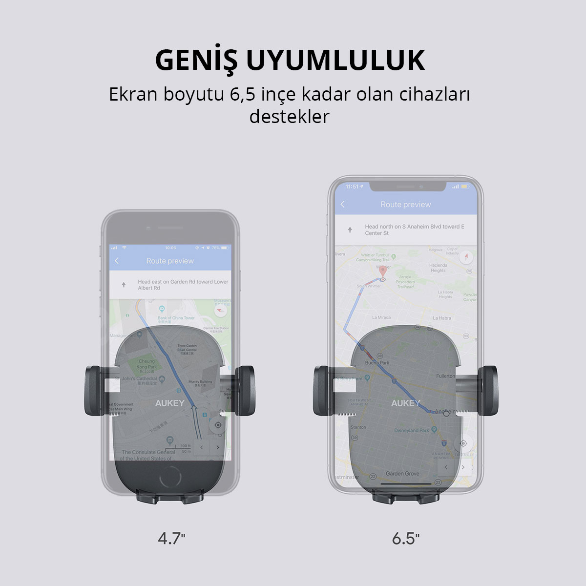 Aukey tutucularda, 4.7 ve 6.5 inç ekran boyutlarını ve rota haritalarını gösteren iki gri akıllı telefon.