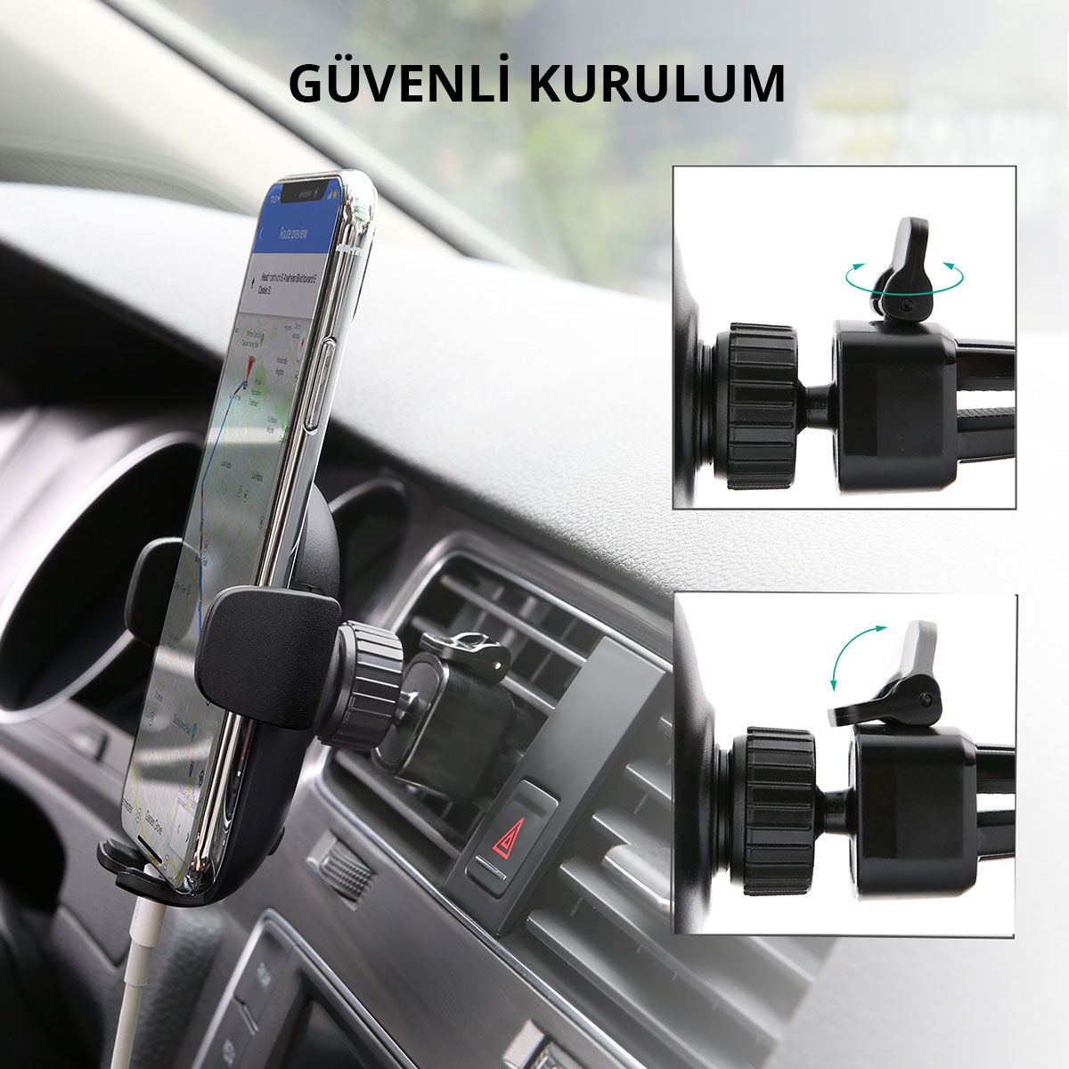Araç havalandırma klipsine takılı akıllı telefon ve güvenli kurulum detayları.