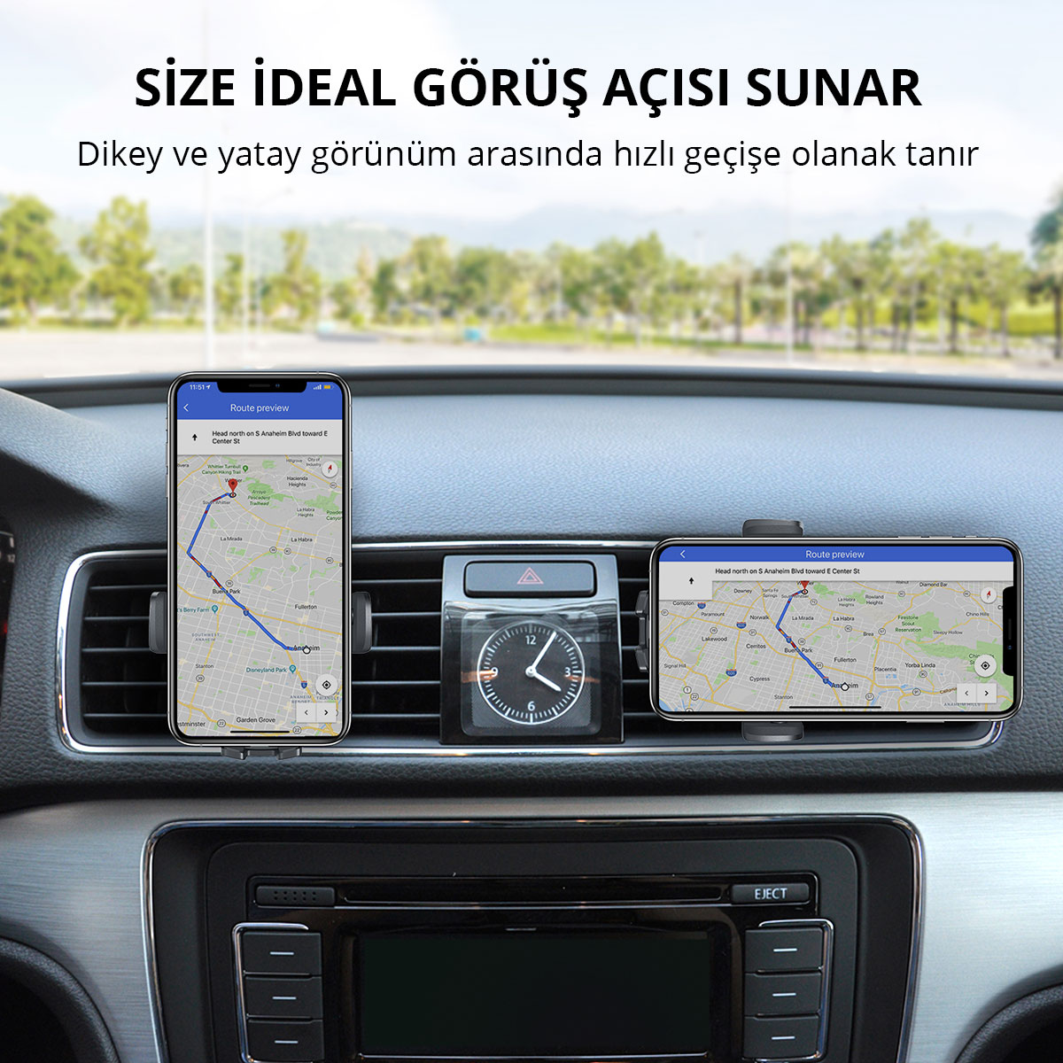 Havalandırma deliklerine monte edilmiş, biri dikey diğeri yatay konumda navigasyon haritası gösteren iki akıllı telefon.