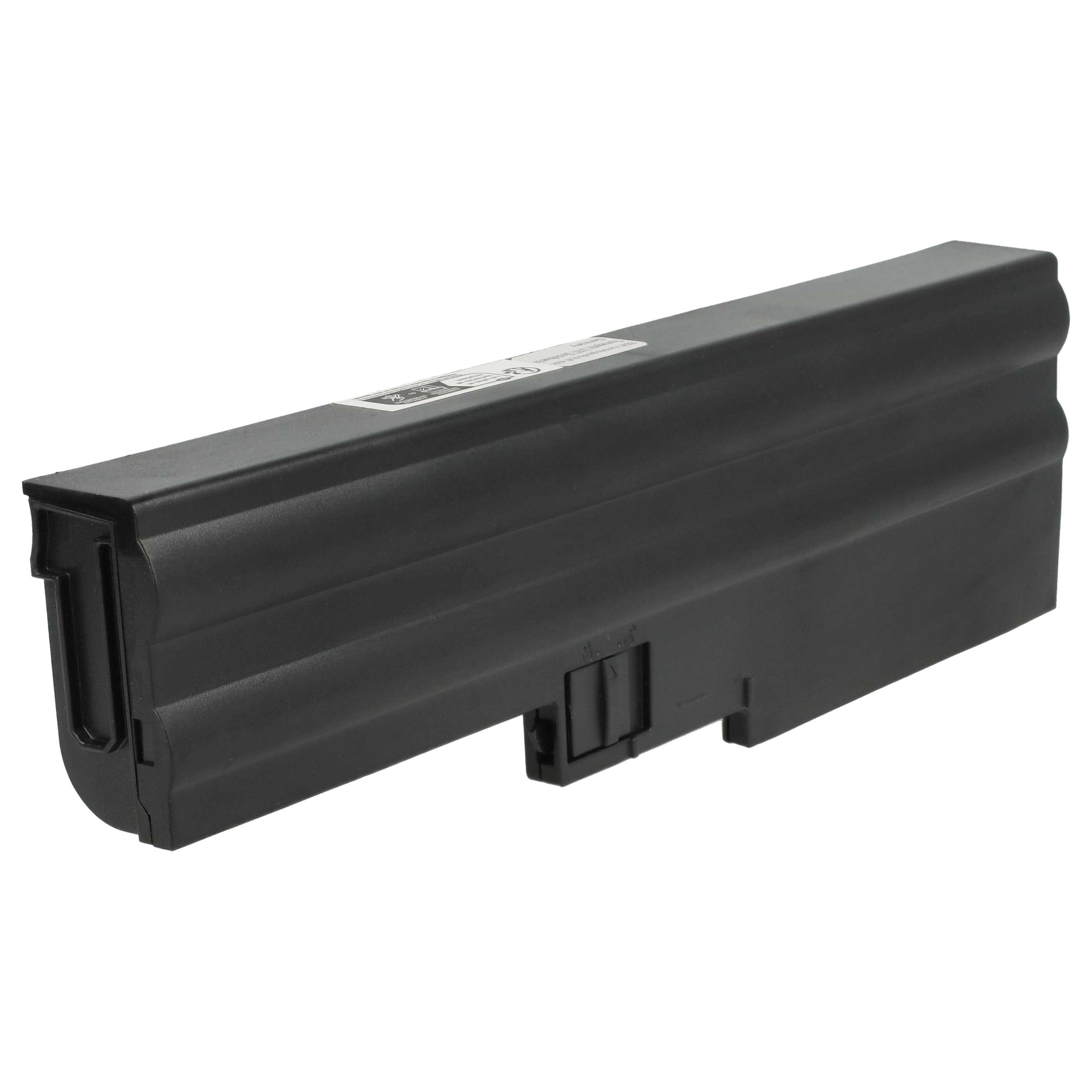 Ein langer schwarzer Laptop-Akku mit gerilltem Design auf einer weißen Oberfläche.