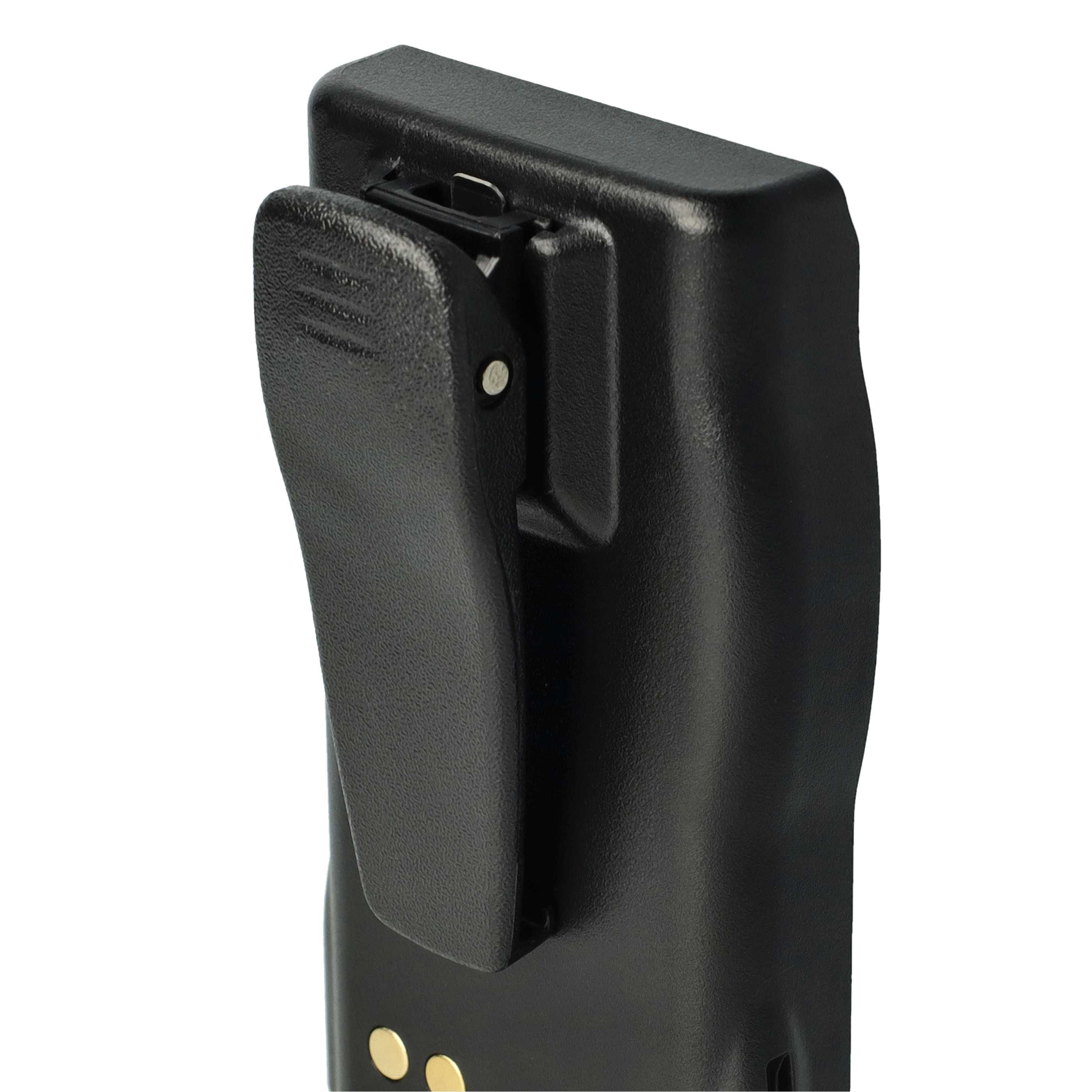 Schwarzes Kunststoff-Funkgerätgehäuse mit integriertem Gürtelclip auf der Rückseite.