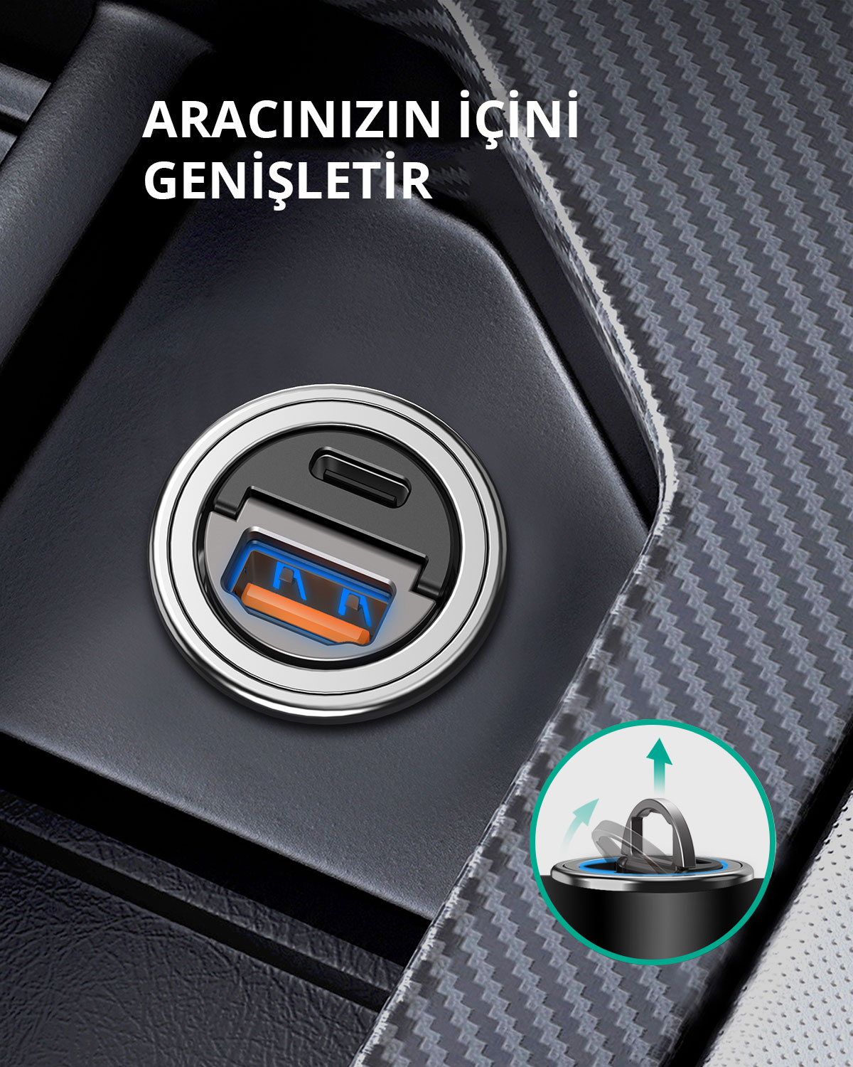 Araç konsolunda USB ve USB-C portlu araç şarj cihazı, halka mekanizmasını gösteren küçük bir ek ile.
