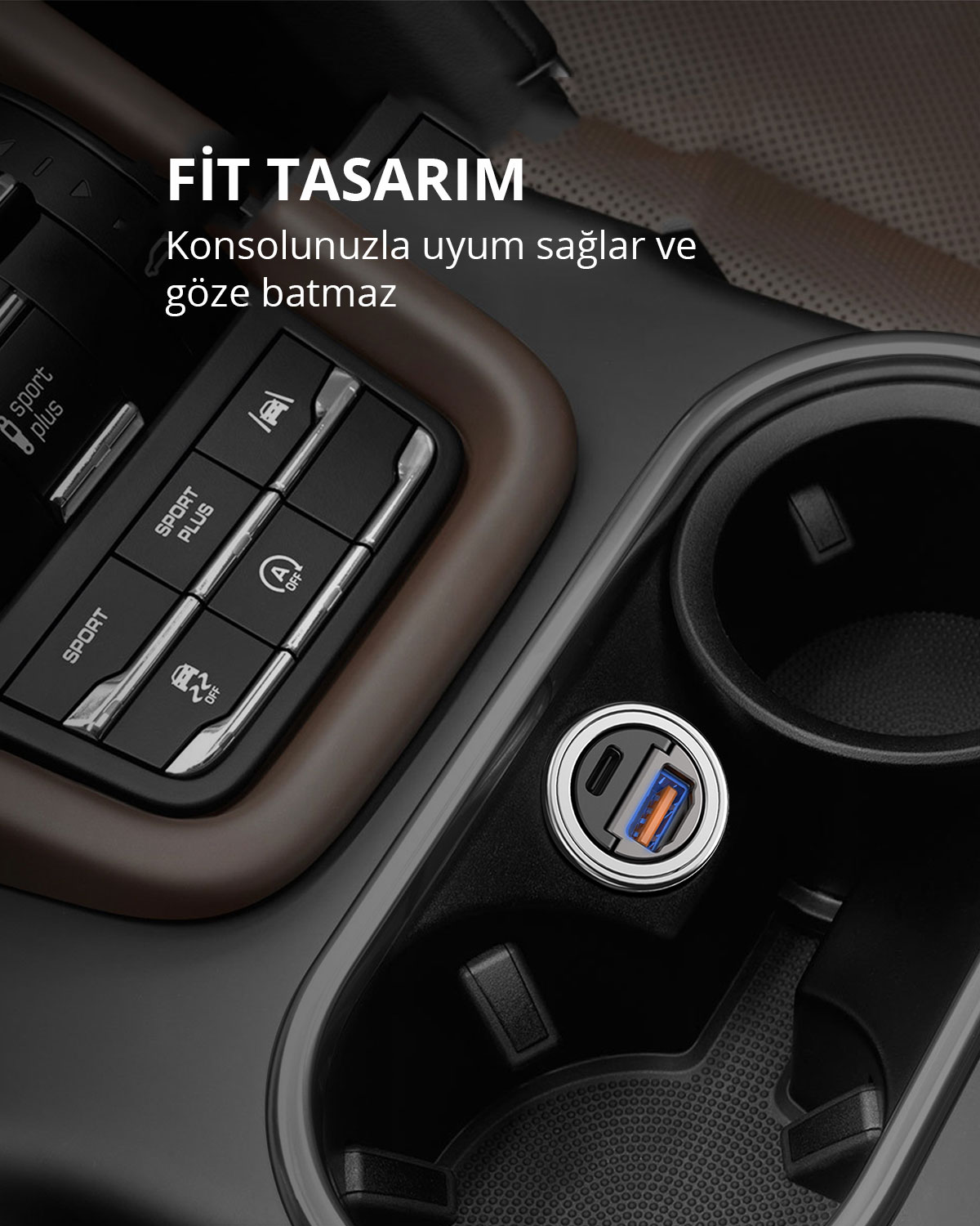Orta konsolunda USB araç şarj cihazı ve kontrol düğmeleri olan araba içi.