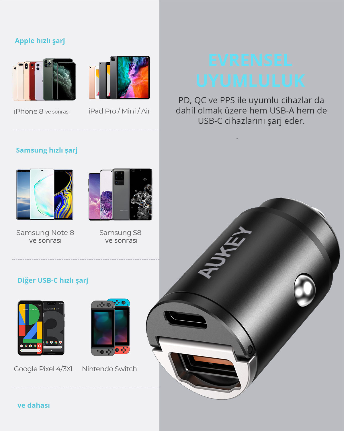 USB-A ve USB-C bağlantı noktalarına sahip Aukey araç şarj cihazı, uyumlu Apple, Samsung ve diğer cihazlarla.