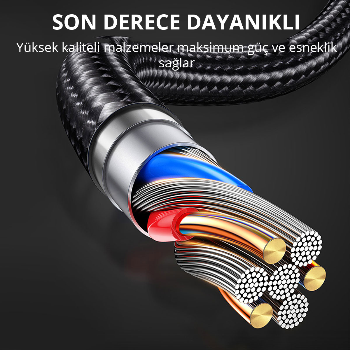 İçindeki bakır ve gümüş telleri görünen kesilmiş örgülü kablonun makro çekimi.