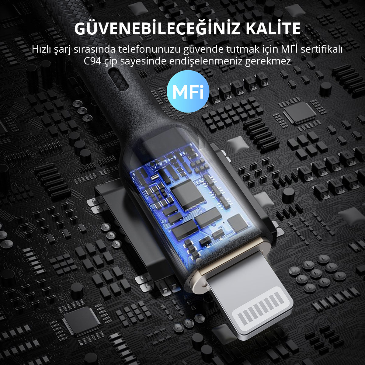 Karanlık devre kartı üzerinde mavi çipi gösteren şeffaf konnektörlü siyah Lightning kablosu.