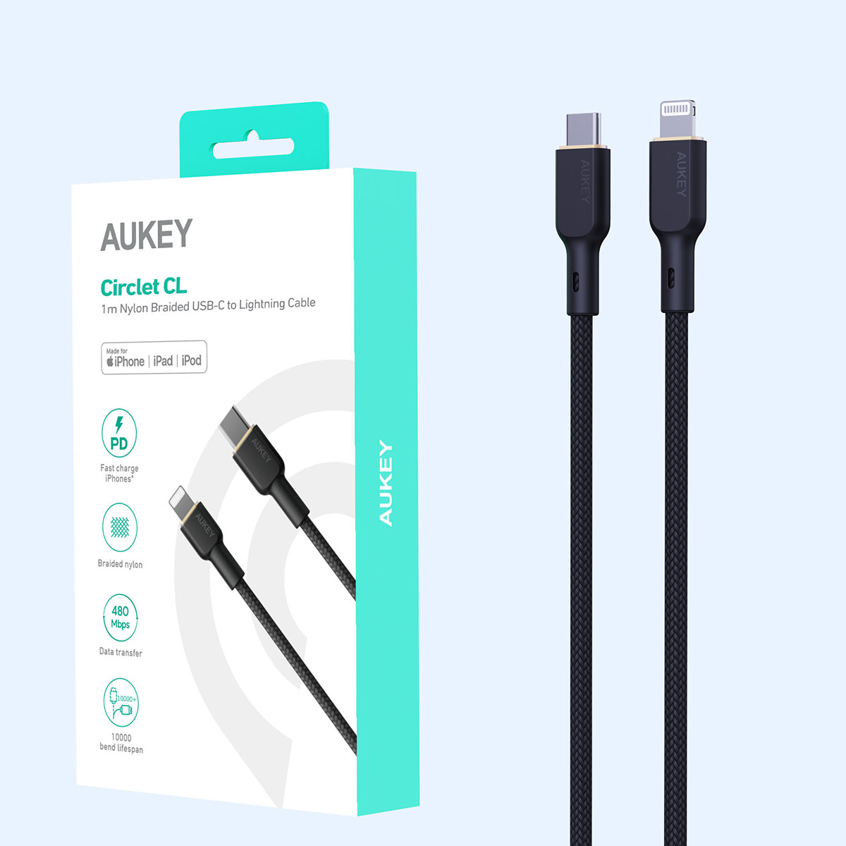 Açık arka planda ambalajı ve gri konektörleriyle Aukey USB-C - Lightning kablosu.