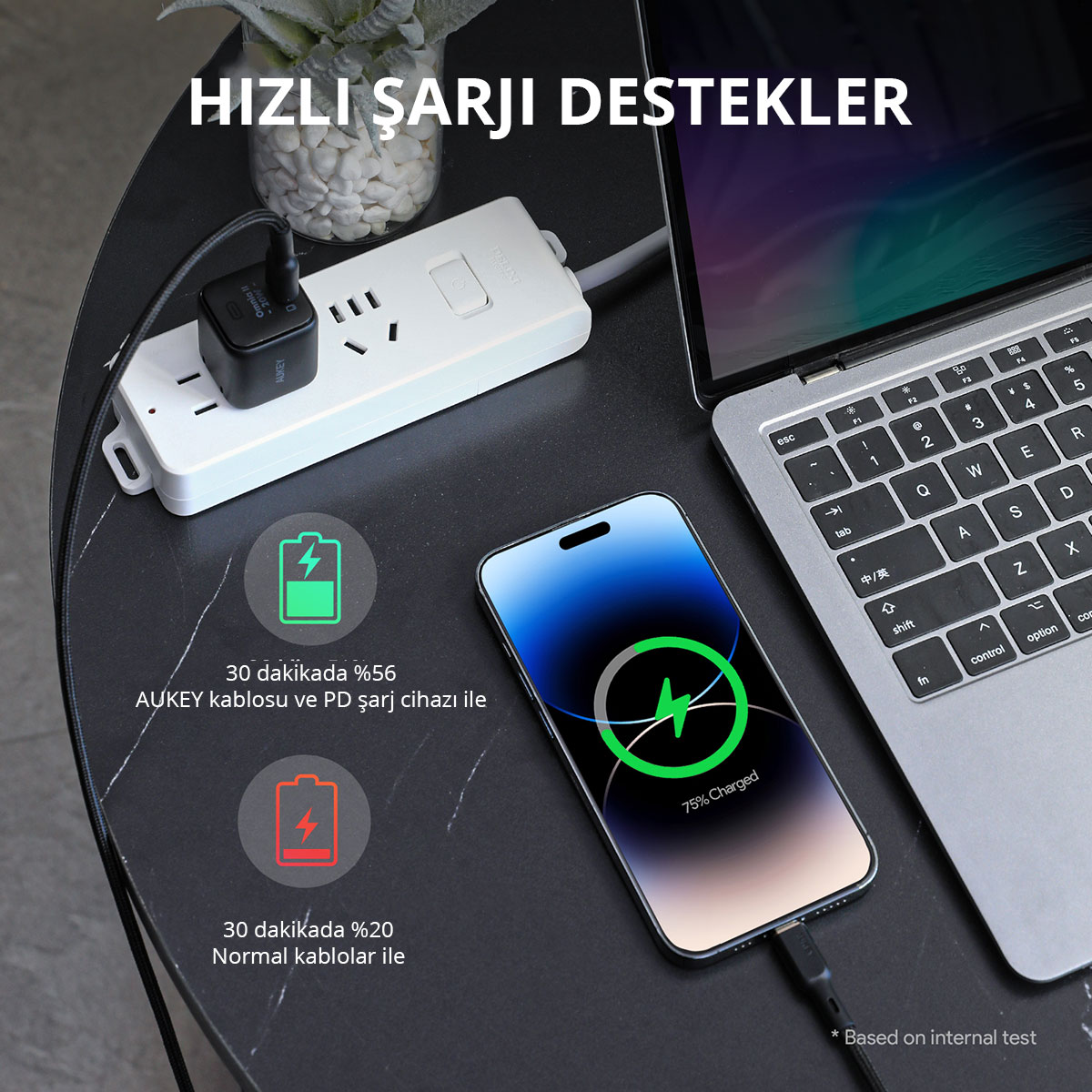 Şarj cihazına bağlı akıllı telefon, yanında dizüstü bilgisayar ve priz.