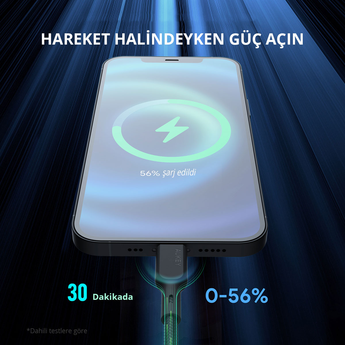 Mavi arkaplanda USB kablosuyla %56'ya kadar şarj olan bir akıllı telefon.