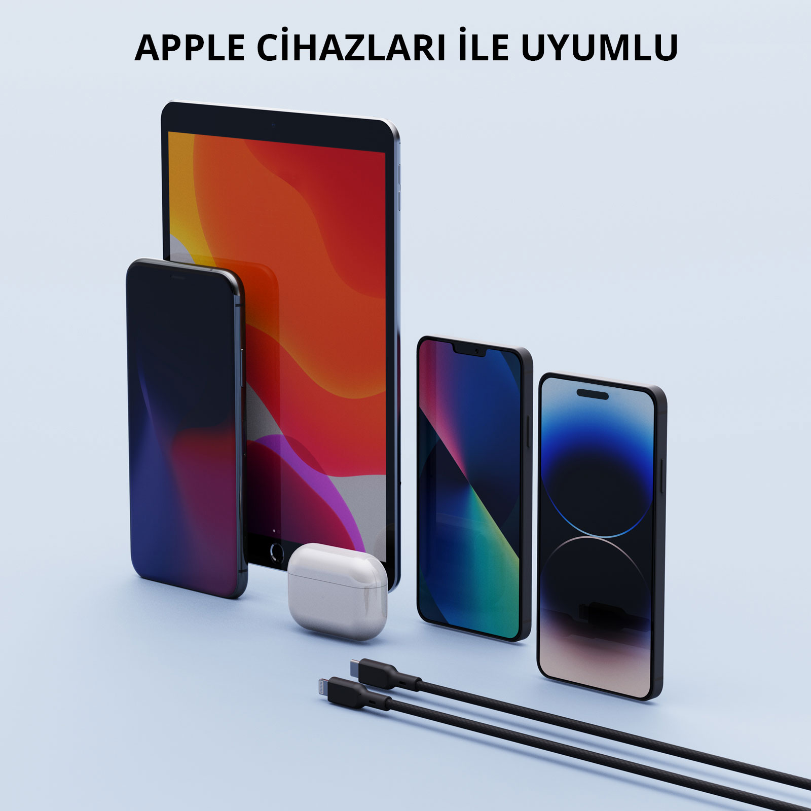 Açık arka planda iPad, iPhone'lar ve şarj kablolu AirPods gibi çeşitli Apple cihazları.