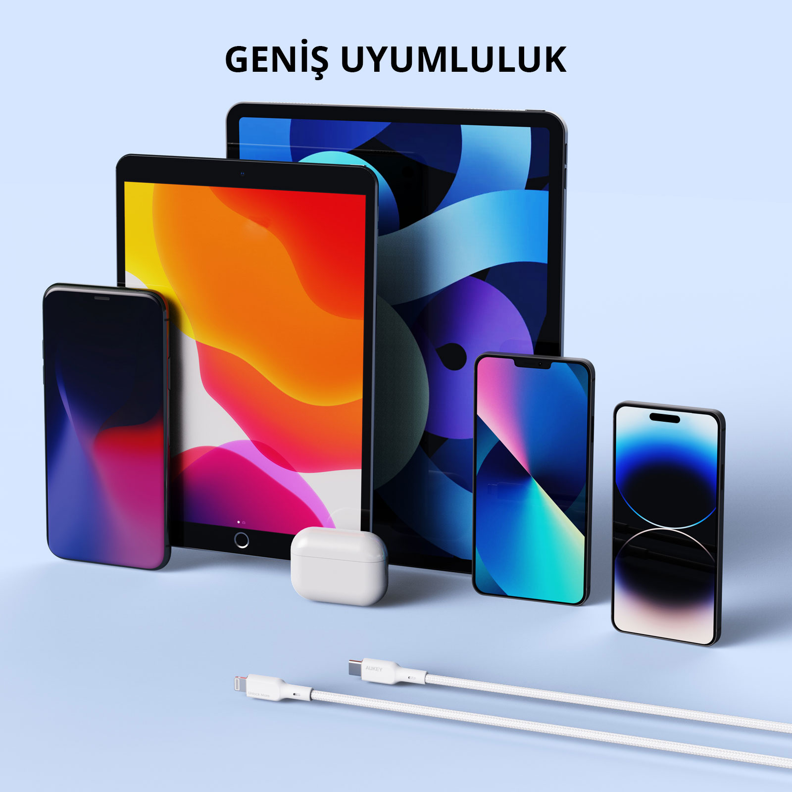 Açık renkli arka planda iPhone, iPad, AirPods ve şarj kabloları gibi çeşitli Apple cihazları.