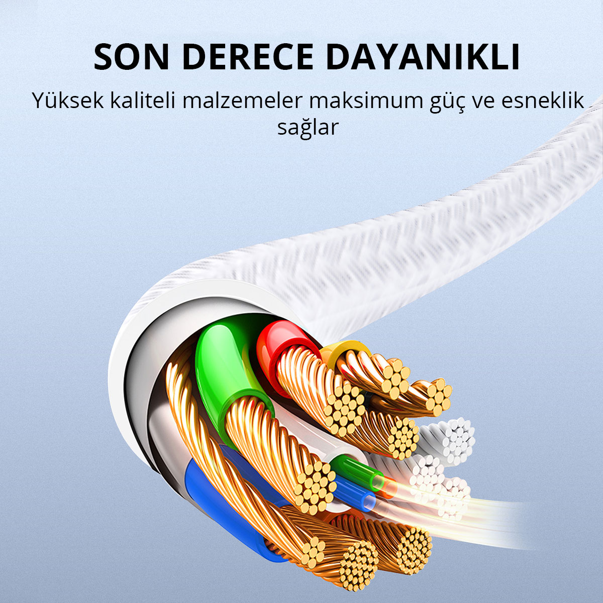Renkli iç kabloları ve bakır telleri gösteren kesik beyaz kablo. Üstte metin.