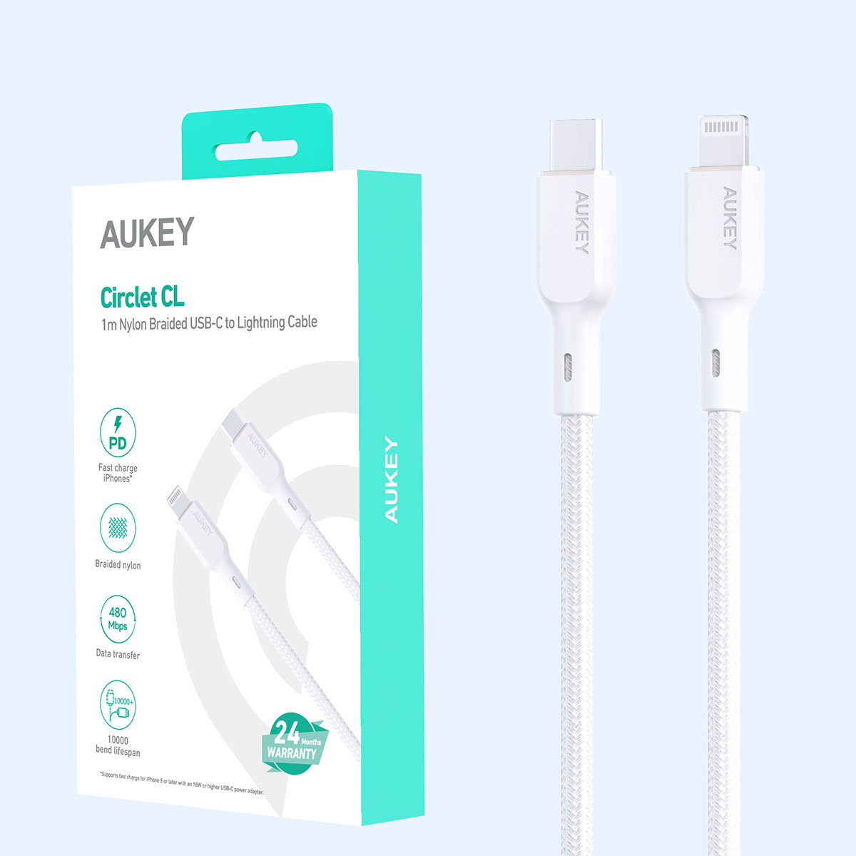 Aukey USB-C - Lightning naylon örgü kablo ambalajında.