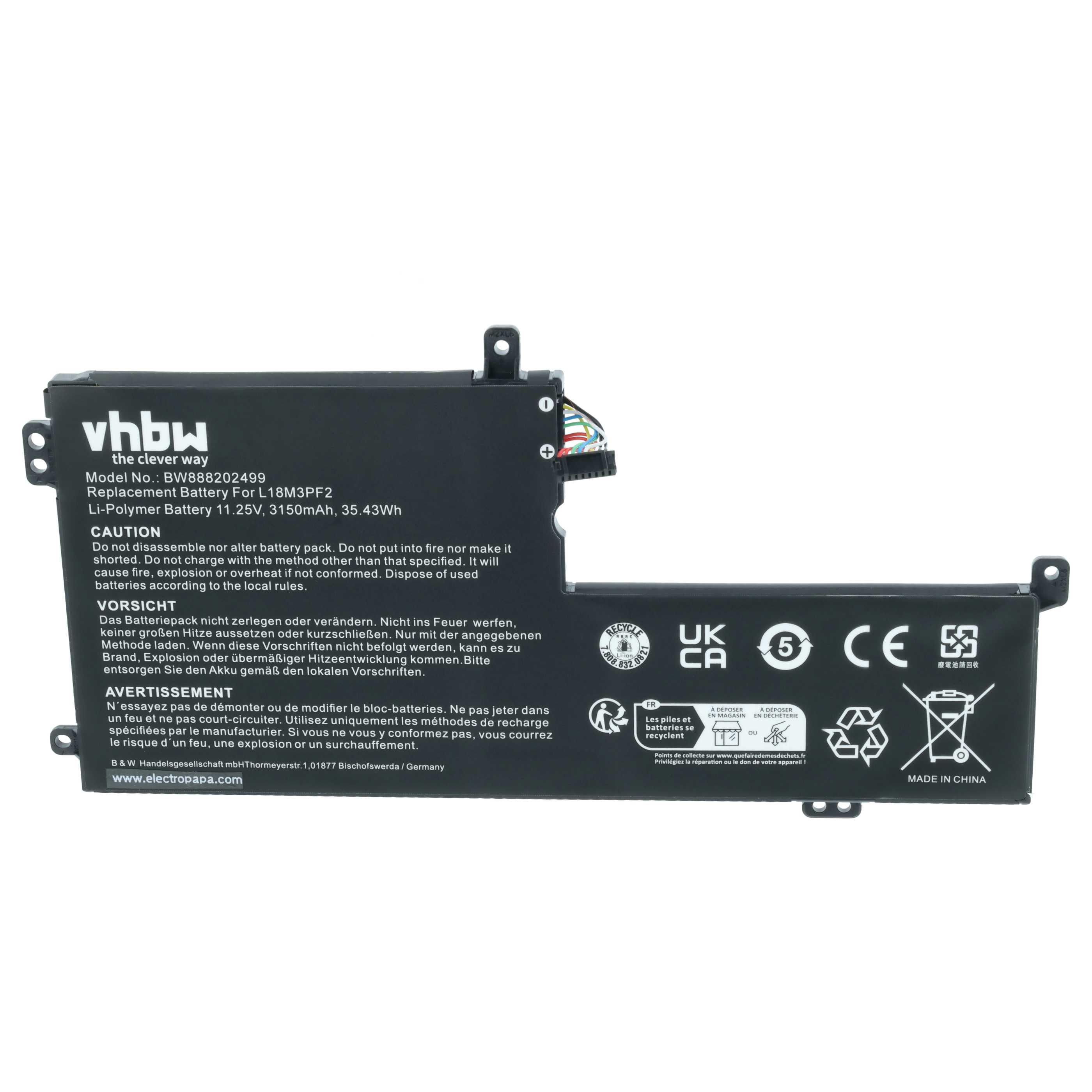 Schwarzer VHBW Laptop-Akku mit technischen Daten, Warnhinweisen und Recycling-Symbolen.