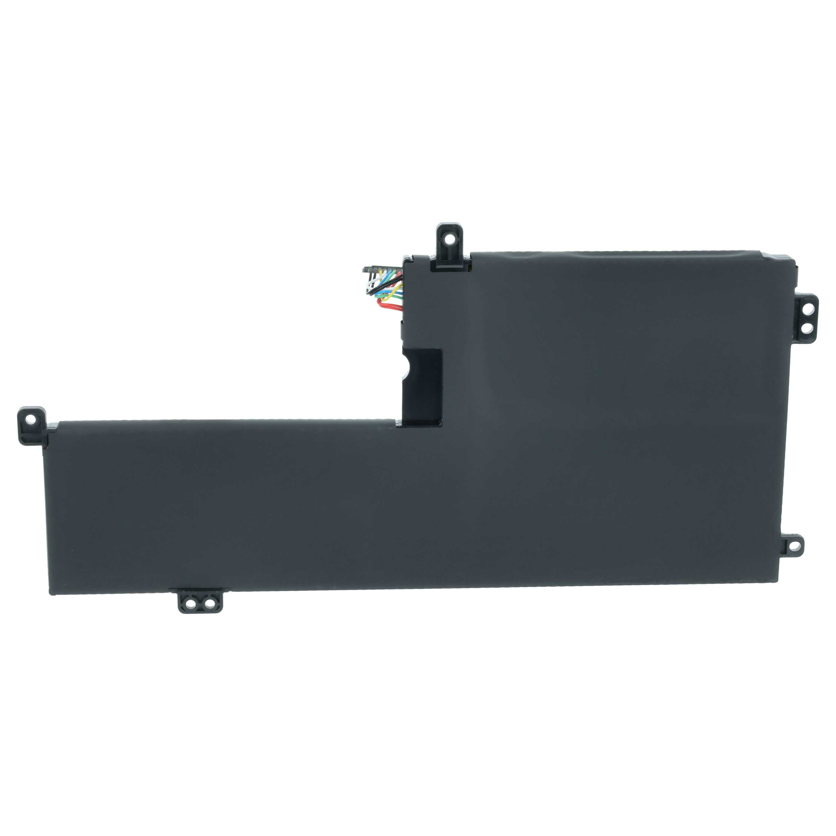Schwarzer Laptop-Akku mit unregelmässiger Form und kleinen Schraublaschen vor einem weissen Hintergrund.