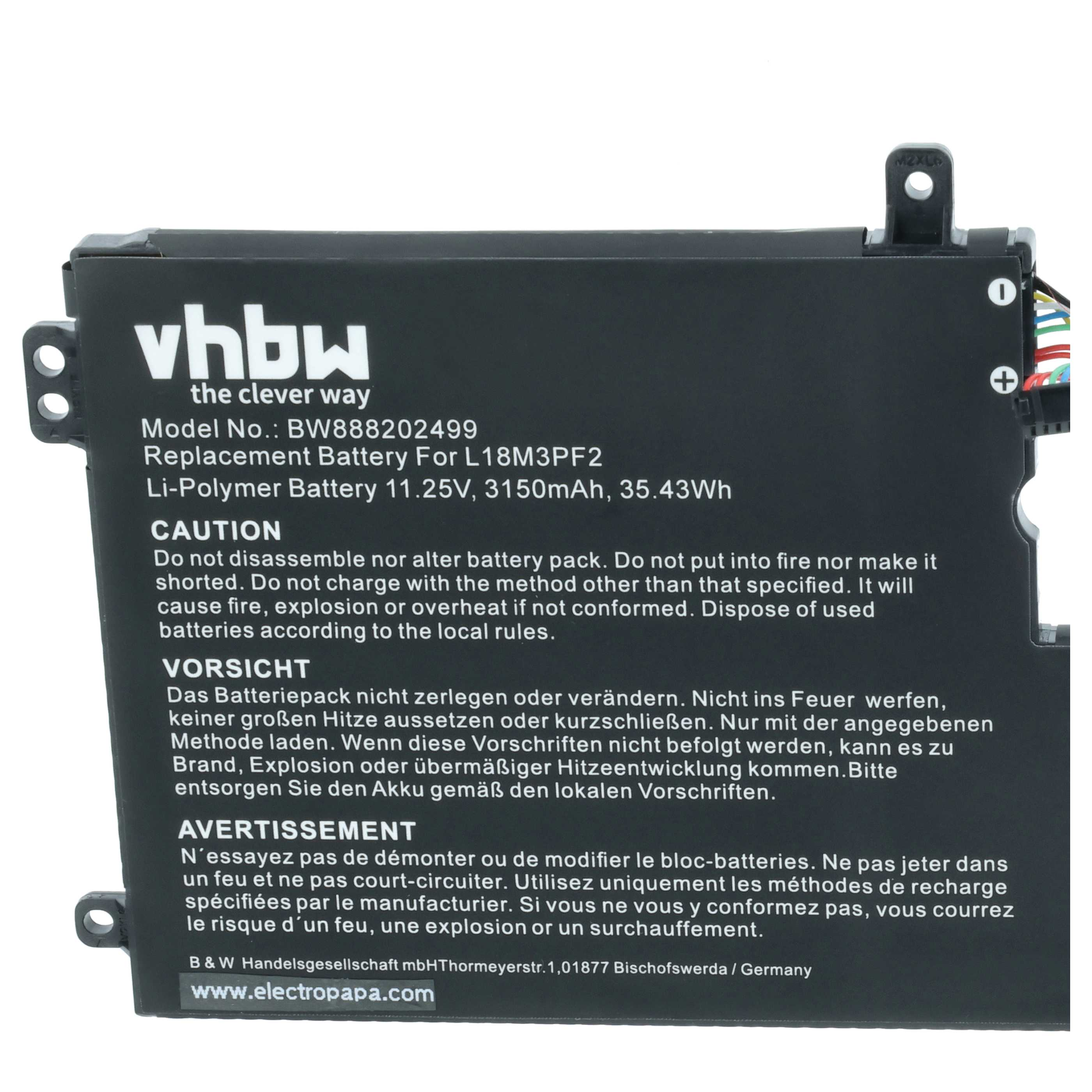 Ein schwarzer Laptop-Akku mit vhbw-Branding, Sicherheitshinweisen auf Englisch, Deutsch und Französisch.