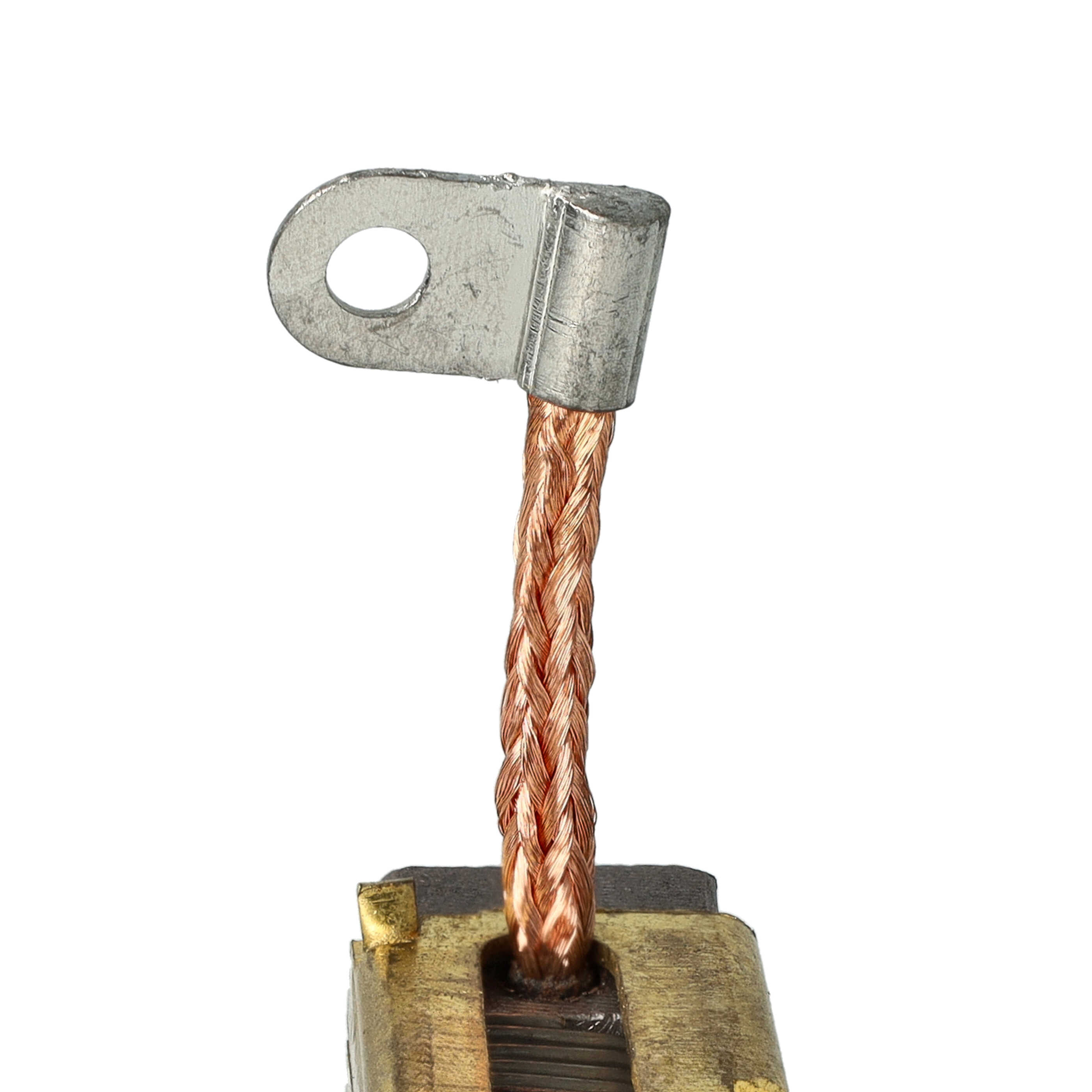 Kohlebürste mit Kupferlitze und Metallkabelschuh auf weißem Hintergrund.