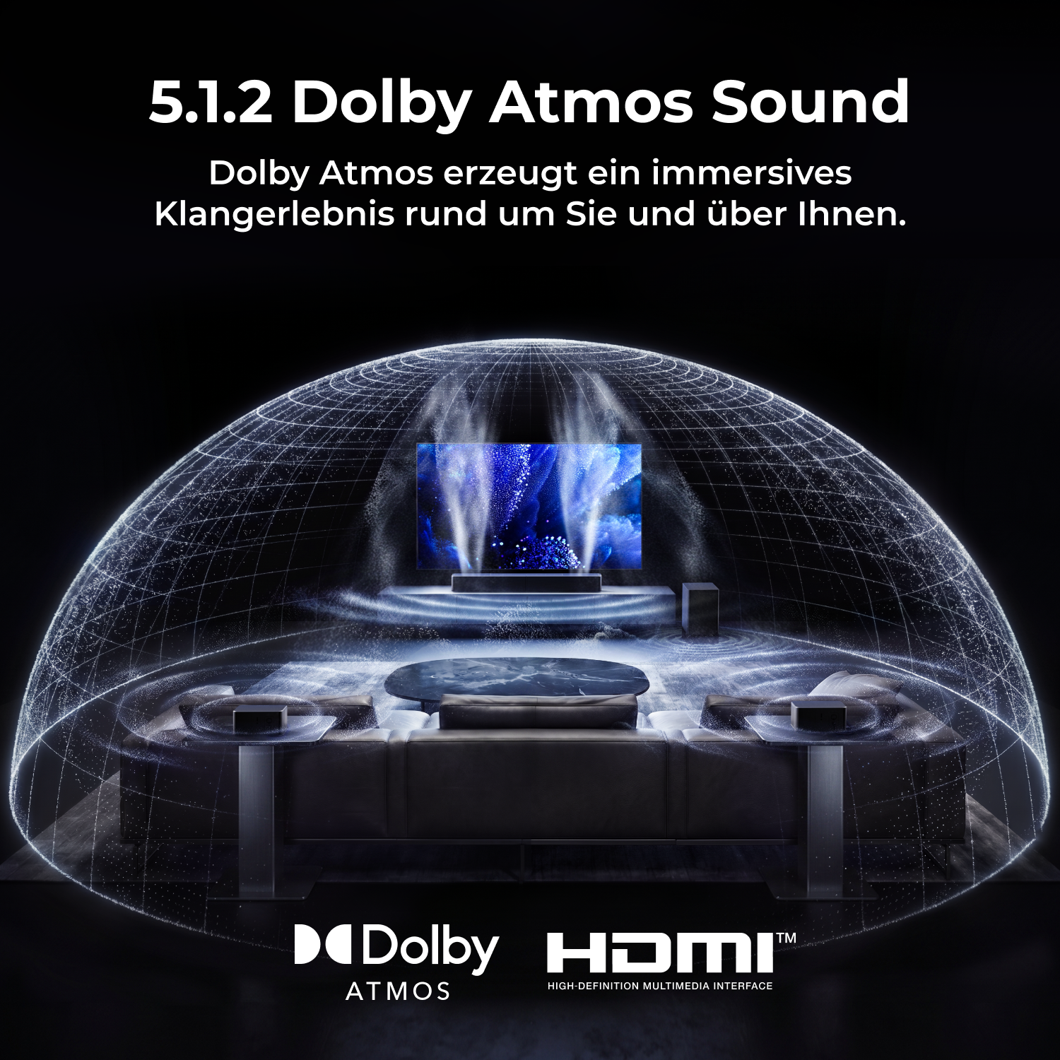 Ein Wohnzimmer zeigt eine Sound-Kuppel, die 5.1.2 Dolby Atmos Sound über Sofa und TV visualisiert.