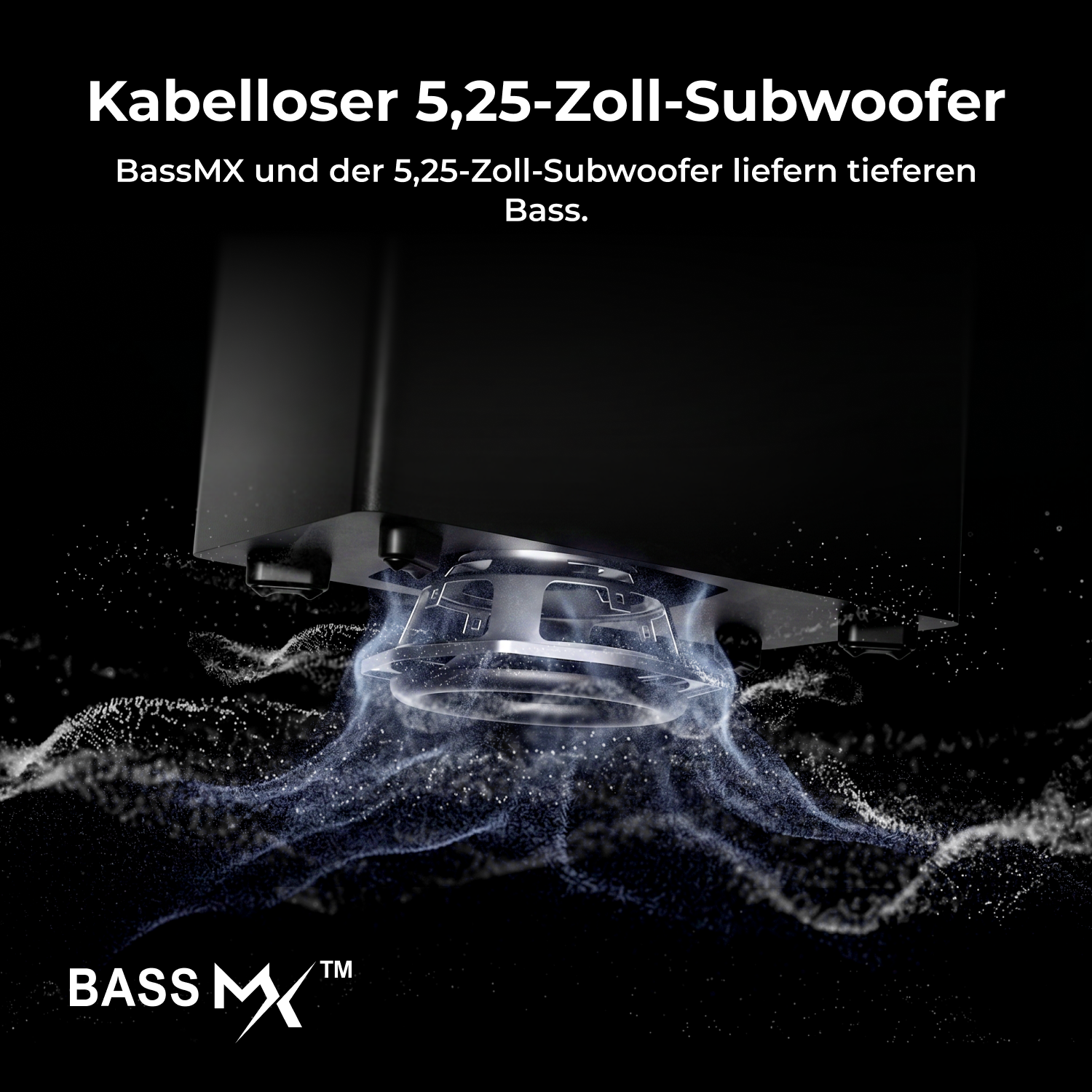 Ein Subwoofer zeigt drahtlose Bässe mit Soundwellen auf schwarzem Hintergrund.