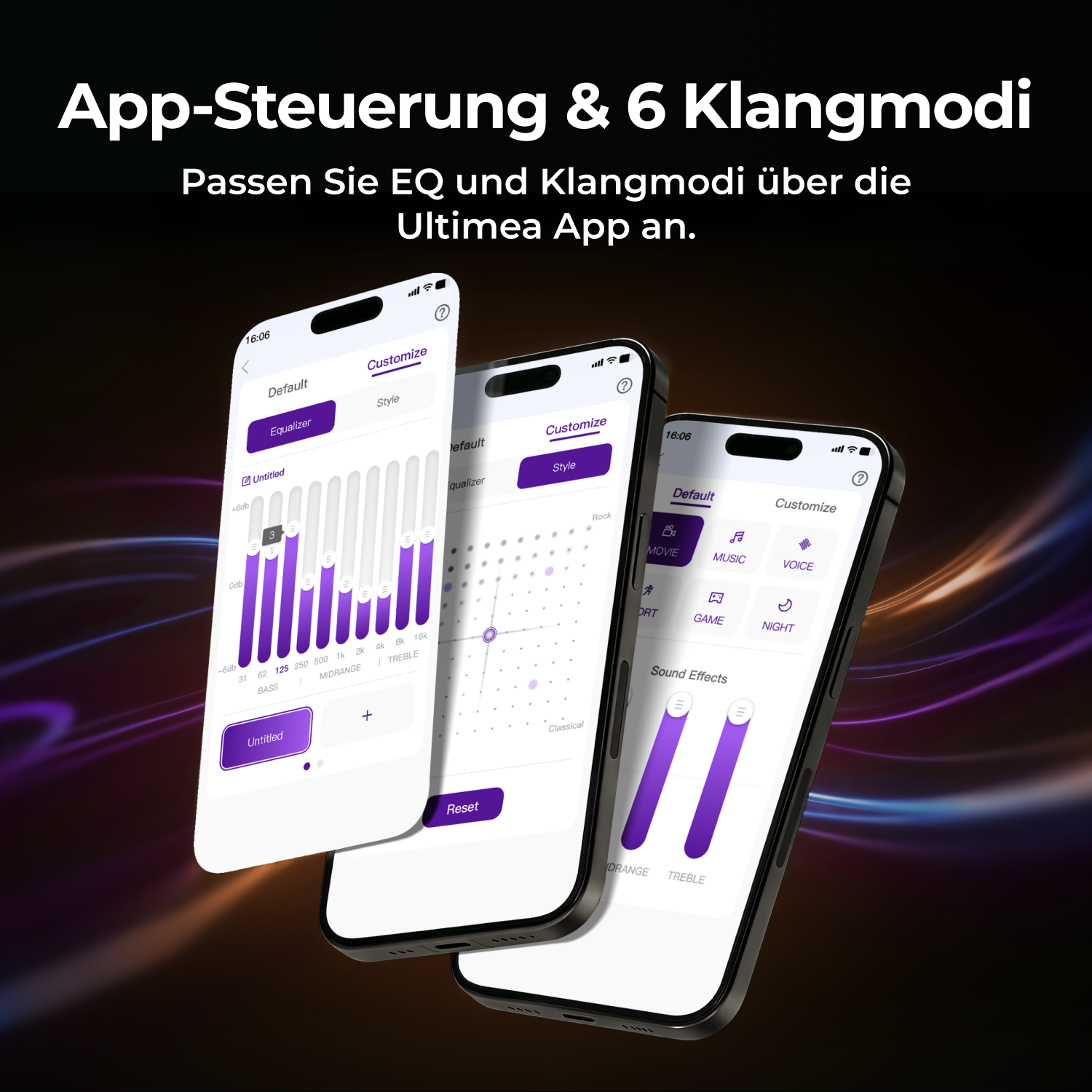 Drei Smartphones mit Audio-Equalizer- und Klangmodus-App-Oberflächen vor dunklem Hintergrund.