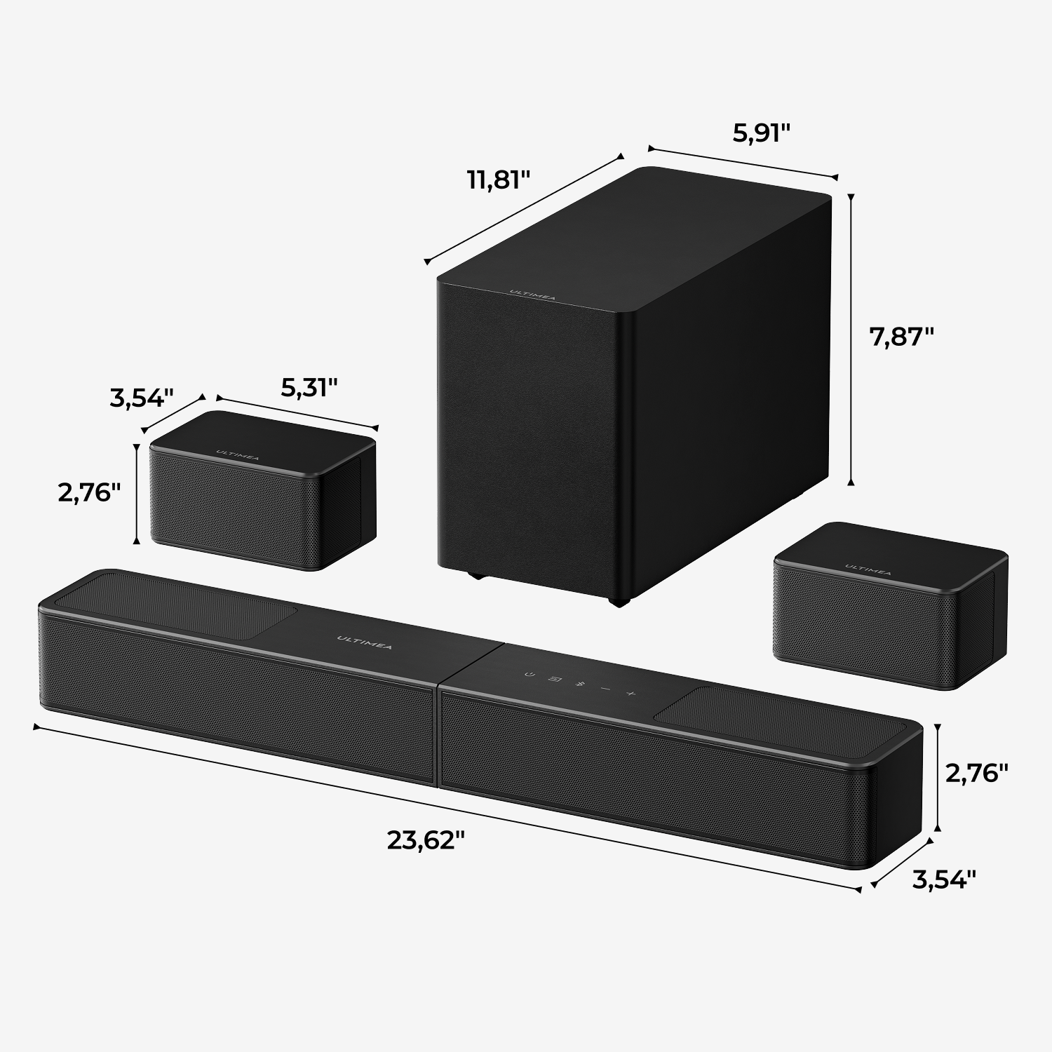 Schwarzes Soundbar-System mit Subwoofer und zwei Satellitenlautsprechern, mit genauen Maßangaben.