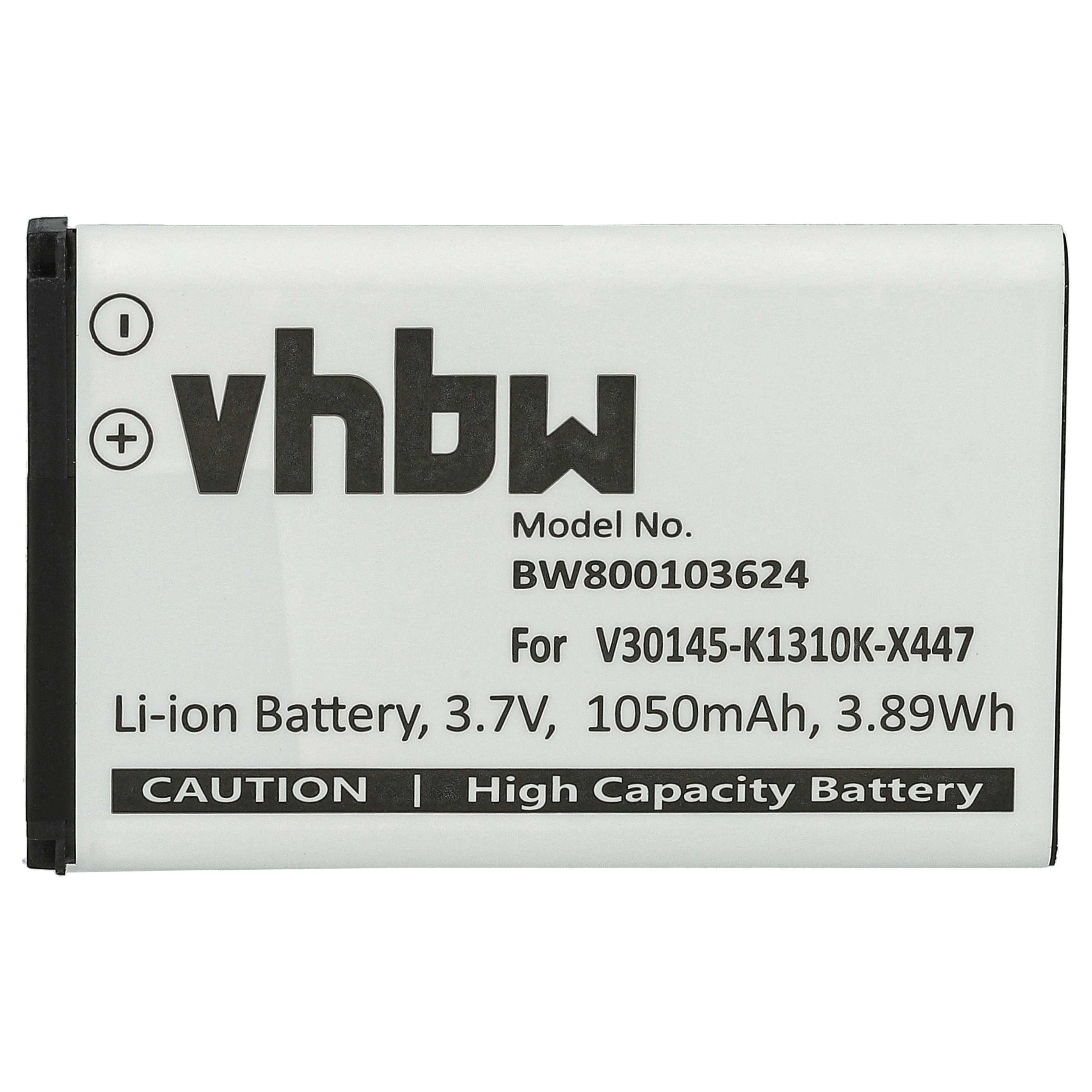Ein weißer vhbw Li-Ion-Akku, 3,7 V, 1050 mAh, mit Modellnummer BW800103624.