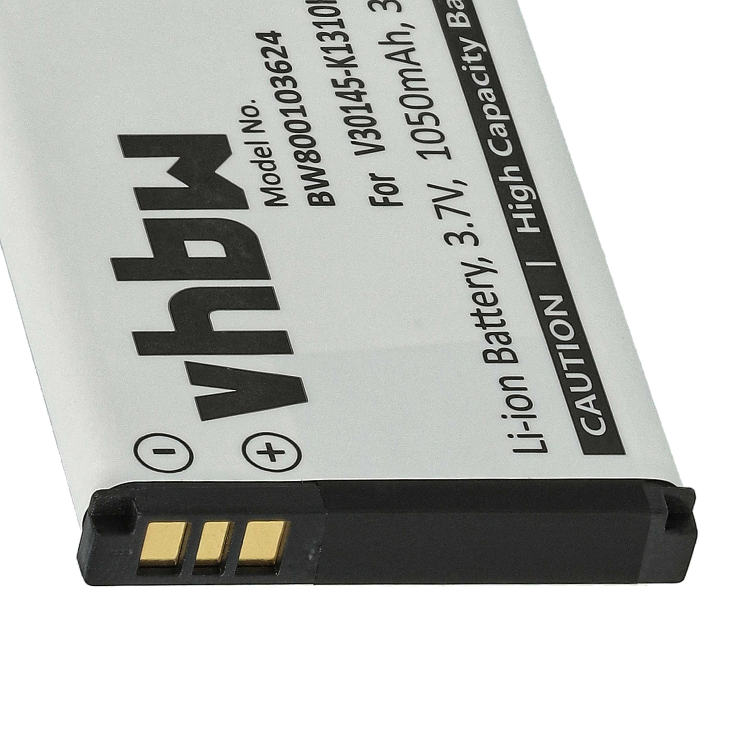 Nahaufnahme einer vhbw Lithium-Ionen-Batterie mit technischen Daten und goldenen Kontakten.