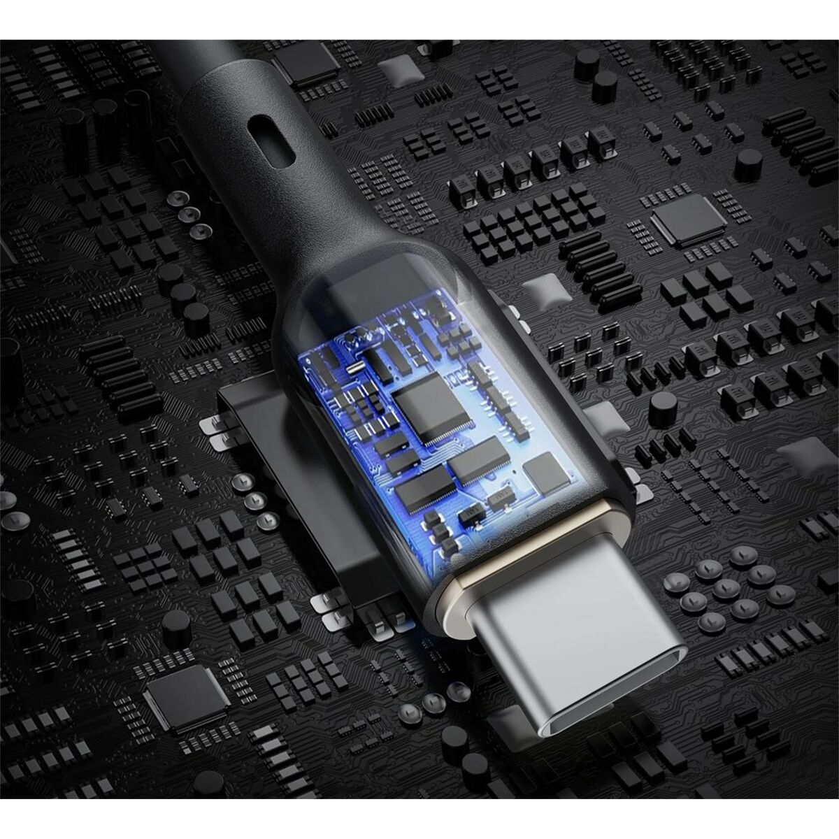 Şeffaf kasalı bir USB-C kablosu, koyu renkli devre kartı arka planında mavi bir mikroçip gösteriyor.