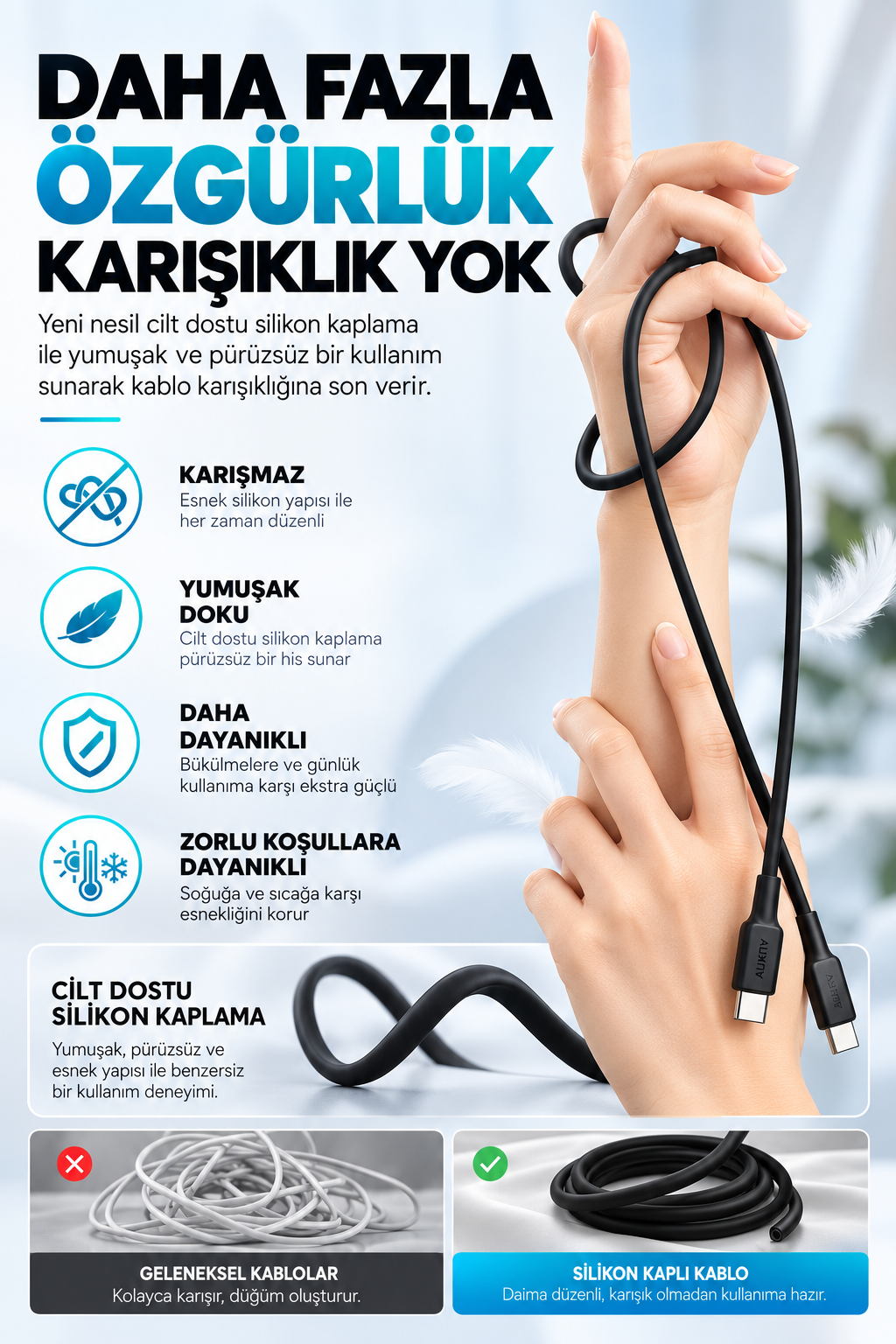 Elde tutulan esnek siyah silikon kablo, ürün özellikleri ve karışık kabloyla karşılaştırma.