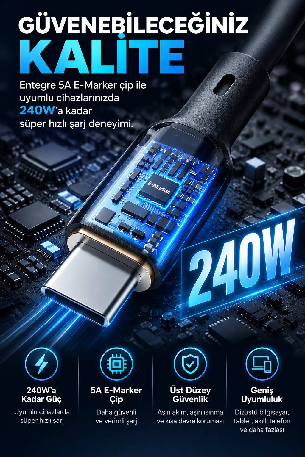 Devre kartı arka planında görünen E-Marker çipli USB-C kablosu, 240W hızlı şarjı vurguluyor.