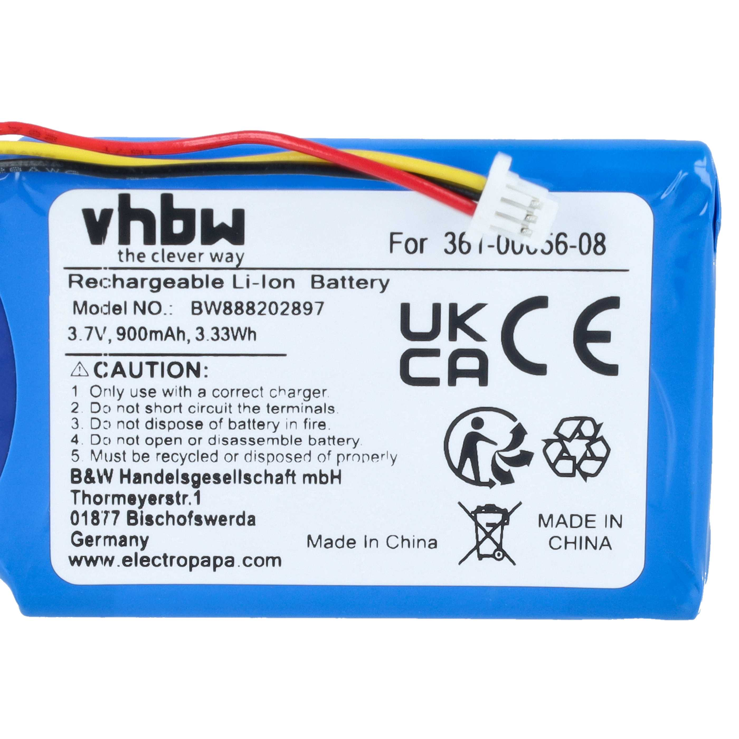 Blaue Li-Ionen-Batterie mit weißem Aufkleber, technischen Daten und drei farbigen Kabeln mit weißem Stecker.