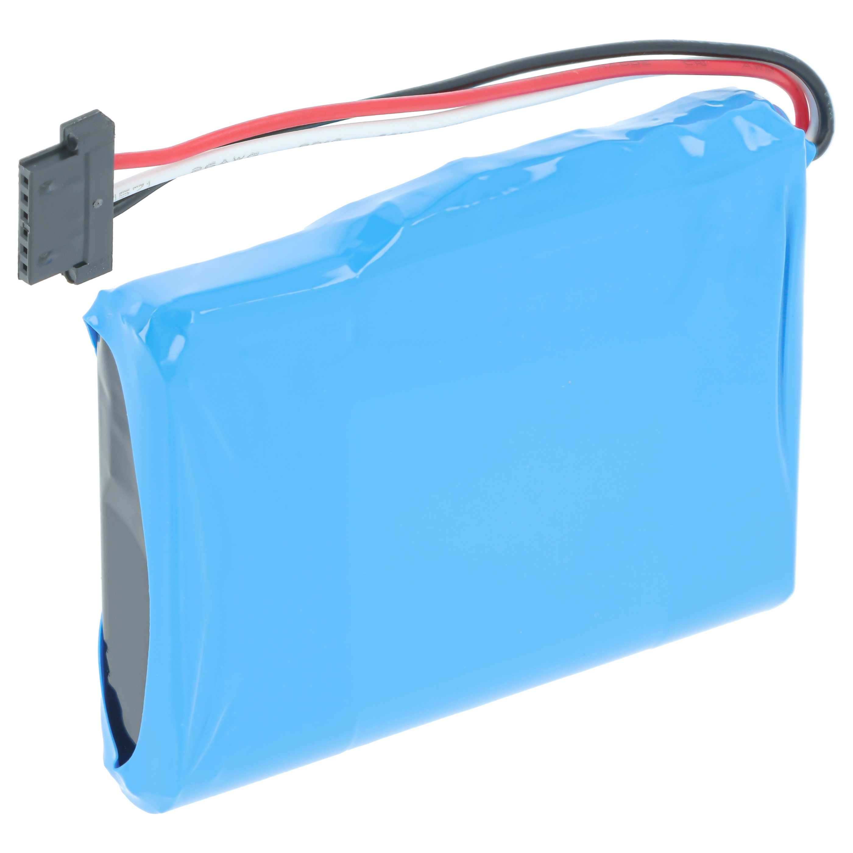 Blaue rechteckige Batterie mit schwarzen, roten und weißen Kabeln, die an einen Stecker angeschlossen sind.