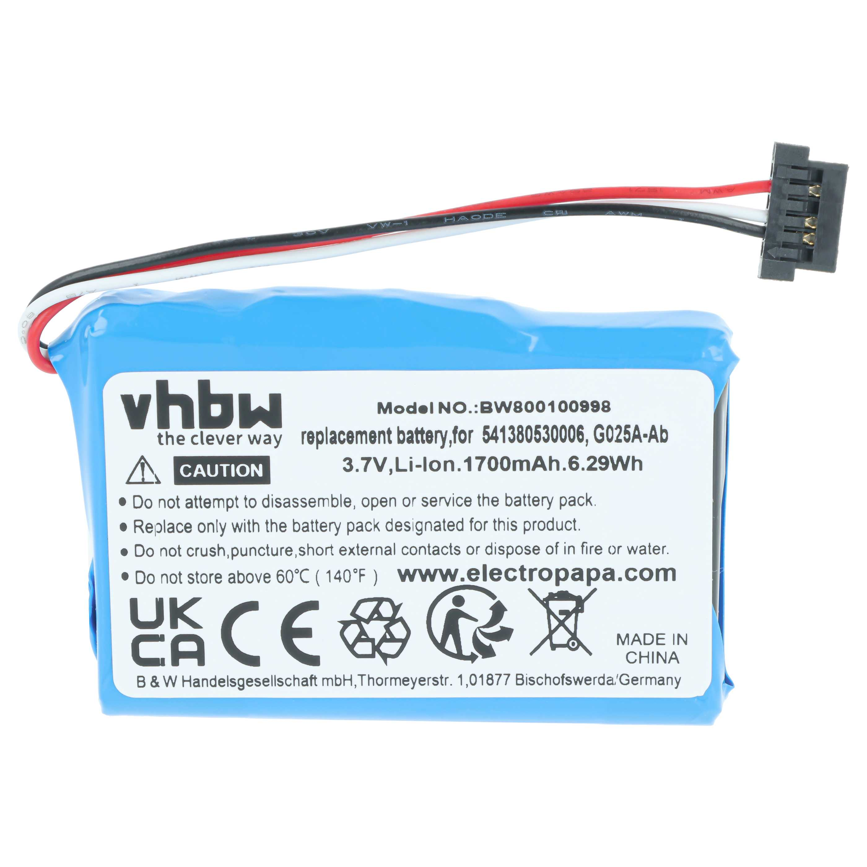 Blaue VHBW-Ersatzbatterie mit dreifarbigen Kabeln und Steckverbinder auf weißem Hintergrund.