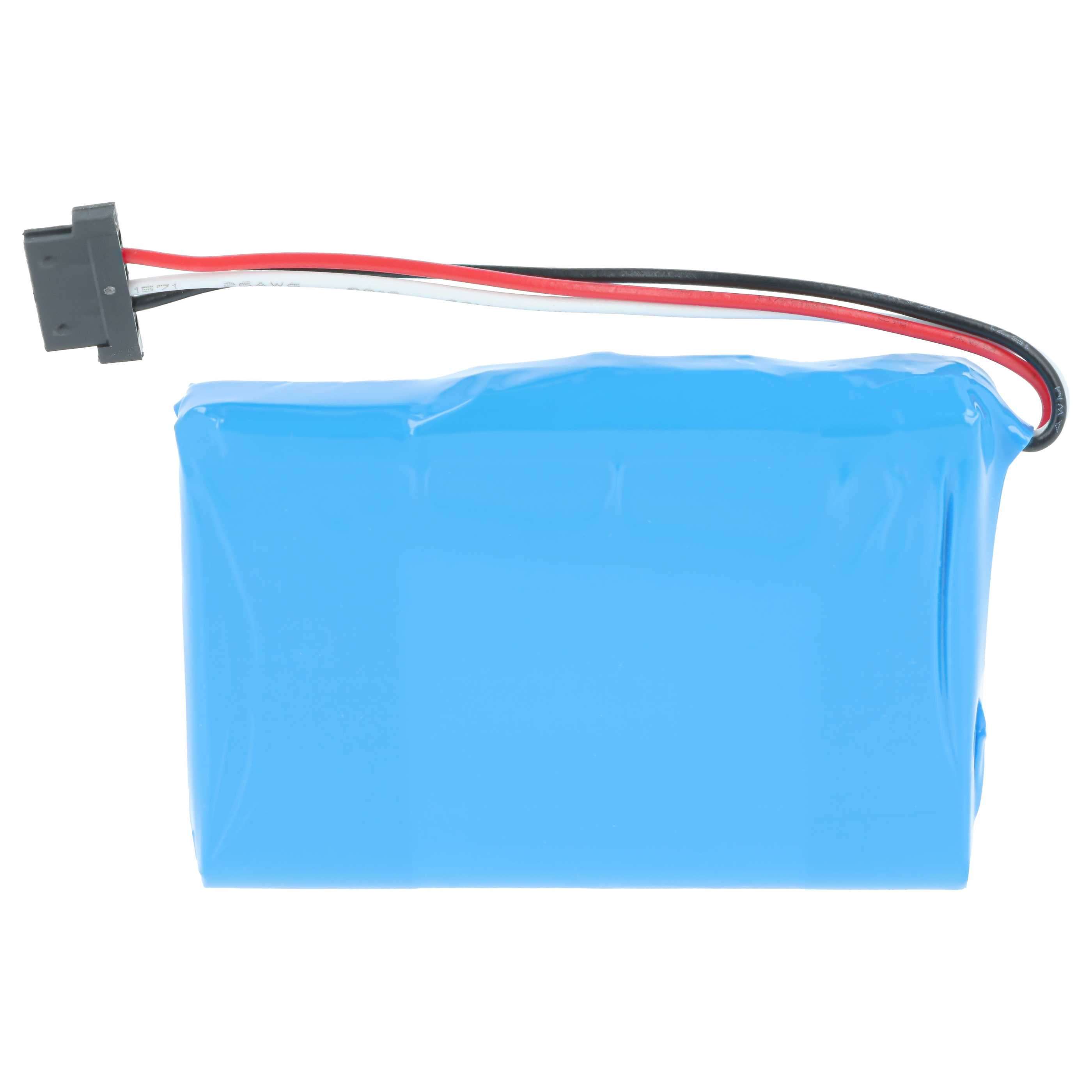 Ein blauer Akku mit drei Drähten und einem schwarzen Stecker auf weißem Hintergrund.